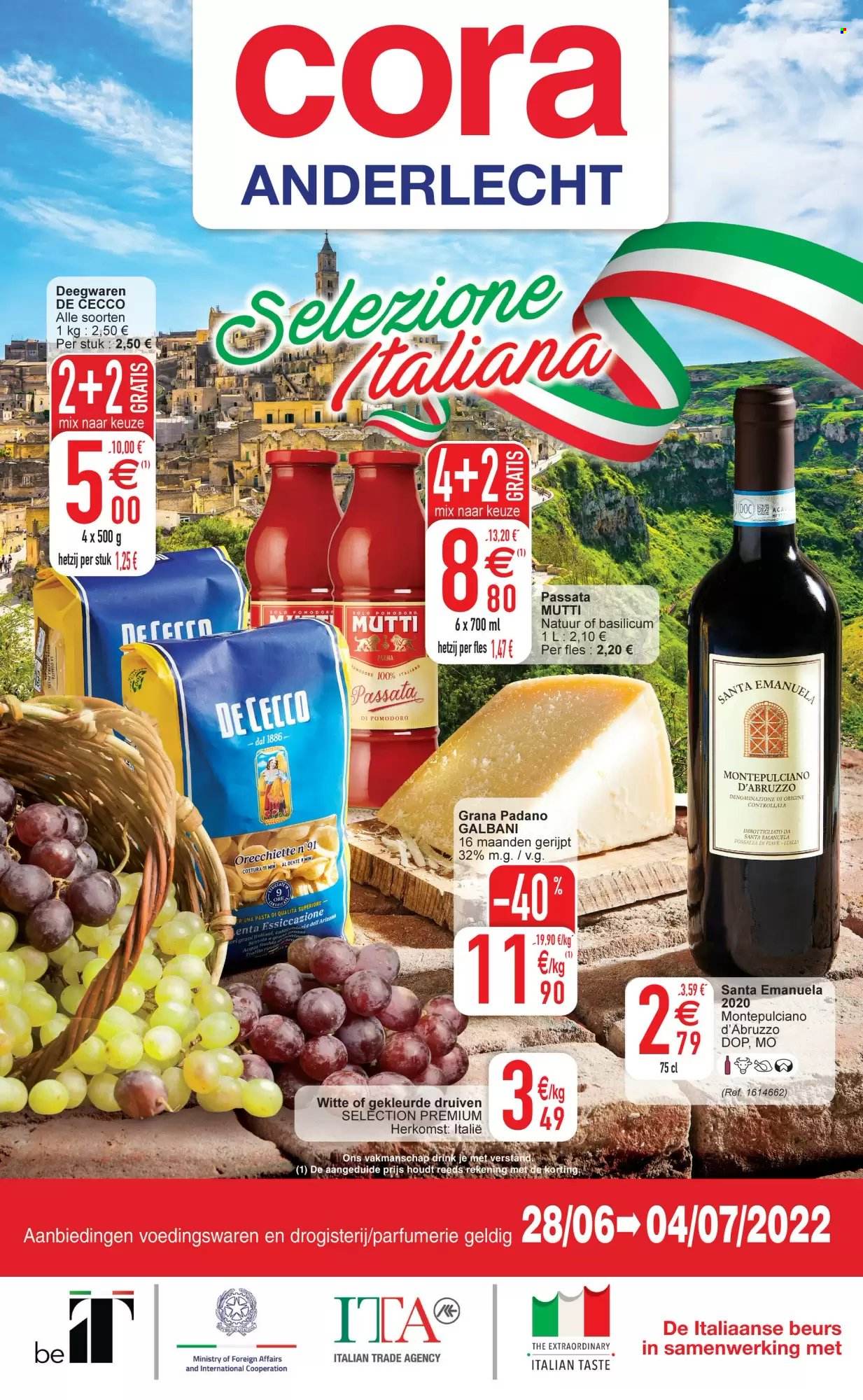thumbnail - Cora-aanbieding - 28/06/2022 - 04/07/2022 -  producten in de aanbieding - druiven, Grana Padano, pasta, basilicum, Montepulciano. Pagina 1.