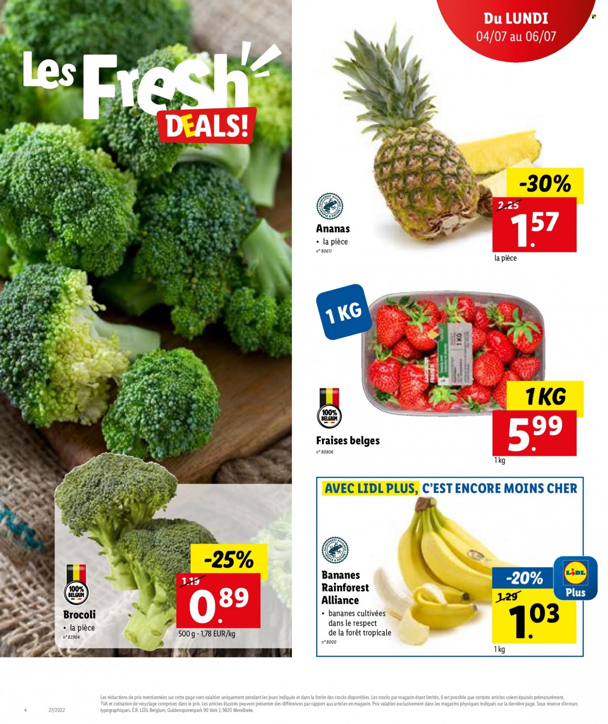 thumbnail - Catalogue Lidl - 04/07/2022 - 09/07/2022 - Produits soldés - brocoli, ananas, bananes, fraises. Page 4.