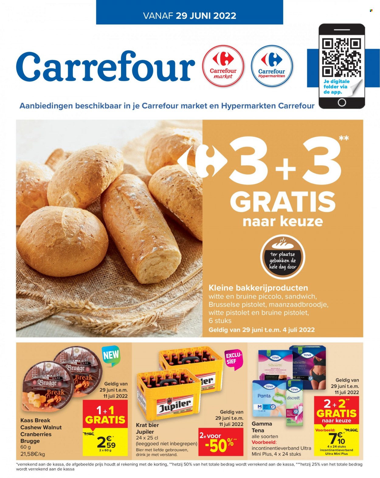 thumbnail - Carrefour-aanbieding - 29/06/2022 - 04/07/2022 -  producten in de aanbieding - Jupiler, bier, Gamma, pistolet, sandwich, kaas, walnoten, Tena. Pagina 1.