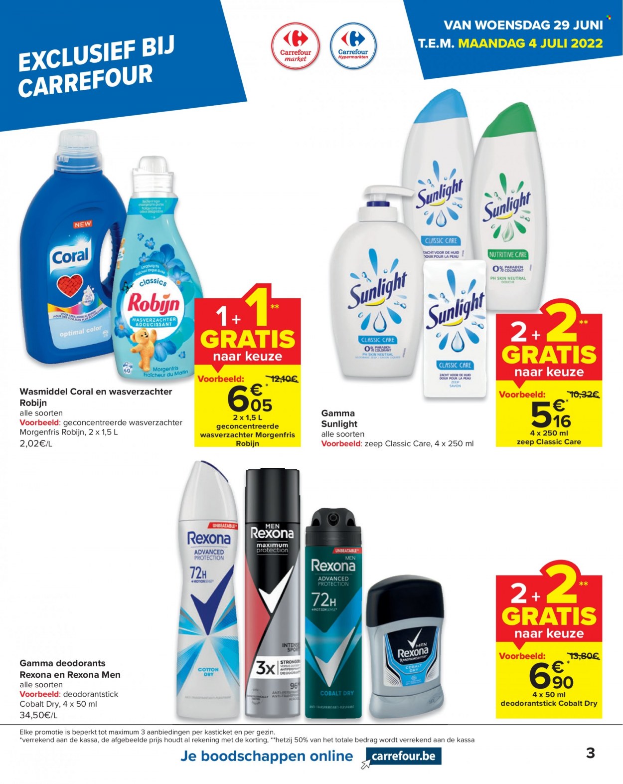 thumbnail - Carrefour-aanbieding - 29/06/2022 - 04/07/2022 -  producten in de aanbieding - Gamma, Robijn, wasmiddel, Sunlight, wasverzachter, zeep, Rexona. Pagina 3.