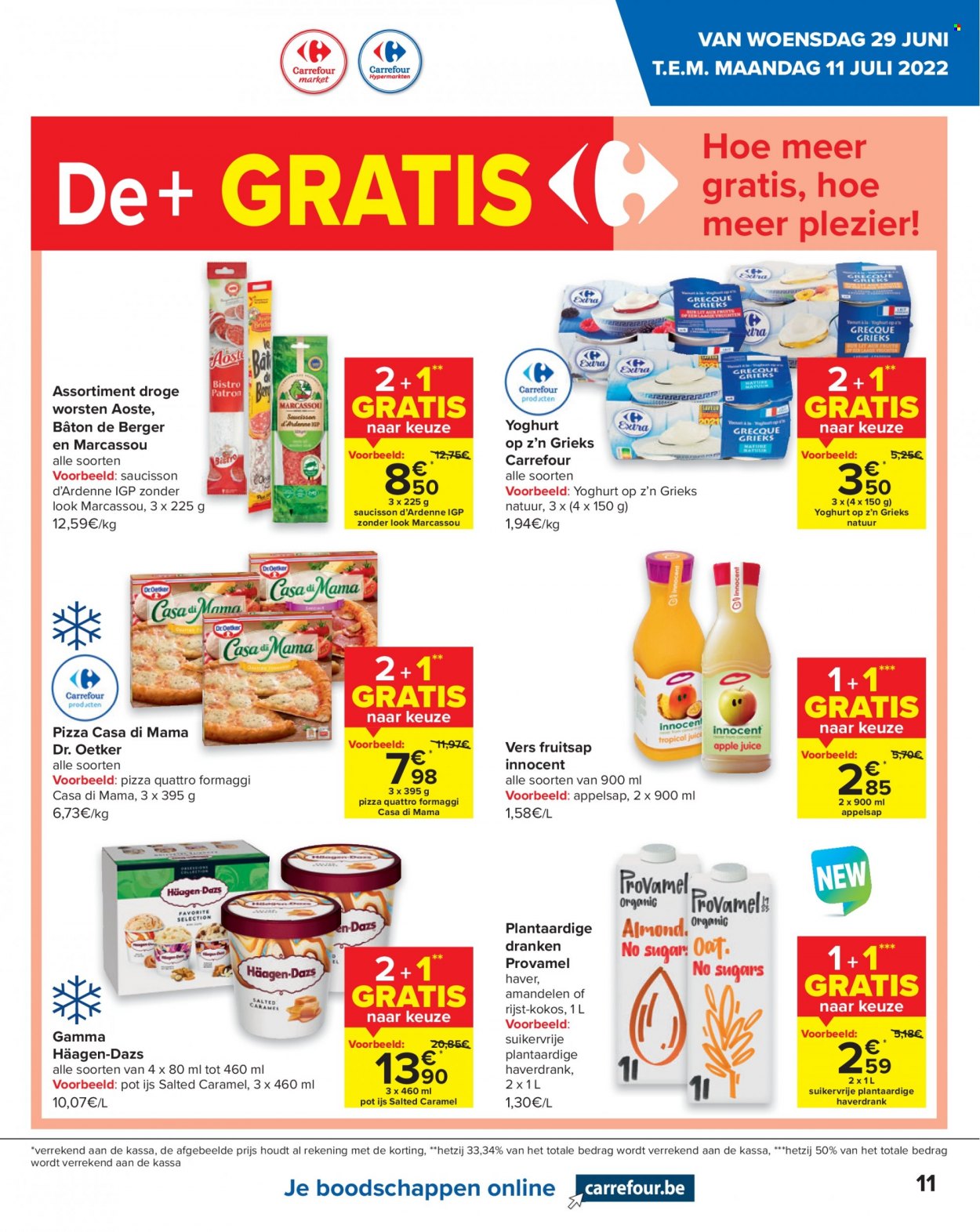 thumbnail - Carrefour-aanbieding - 29/06/2022 - 04/07/2022 -  producten in de aanbieding - Gamma, Dr. Oetker, pizza, yoghurt, rijst, amandelen, appelsap. Pagina 11.