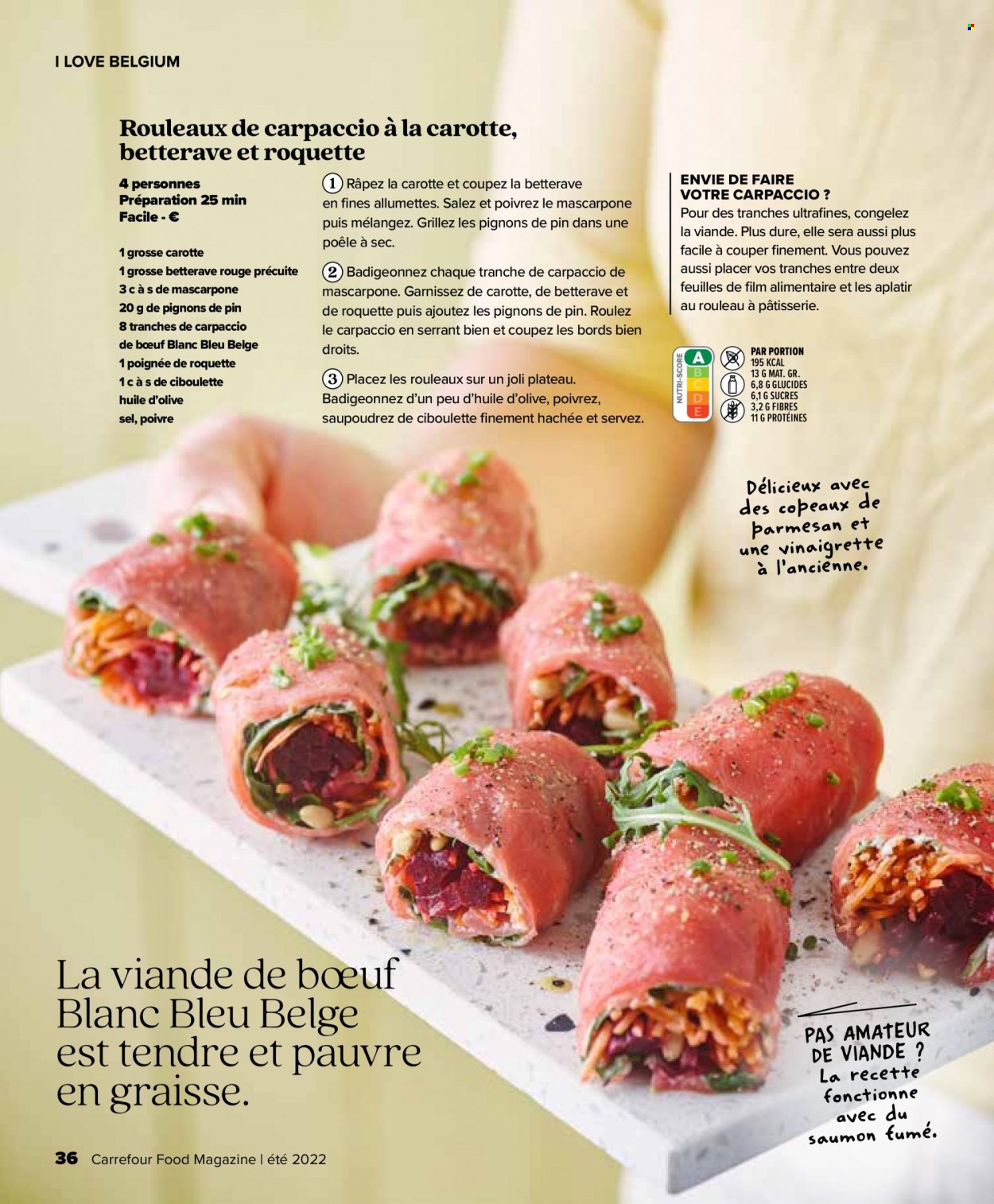 thumbnail - Catalogue Carrefour - 29/06/2022 - 17/08/2022 - Produits soldés - betterave, ciboulette, saumon, allumettes, saumon fumé, magazine, film alimentaire, mascarpone. Page 36.