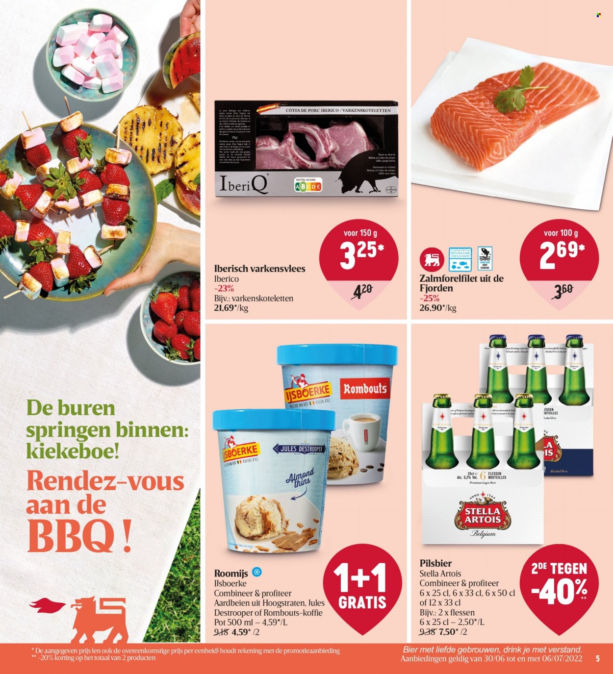 thumbnail - Delhaize-aanbieding - 30/06/2022 - 06/07/2022 -  producten in de aanbieding - varkensvlees, Stella Artois, bier, zalm, roomijs, BBQ, koffie. Pagina 5.