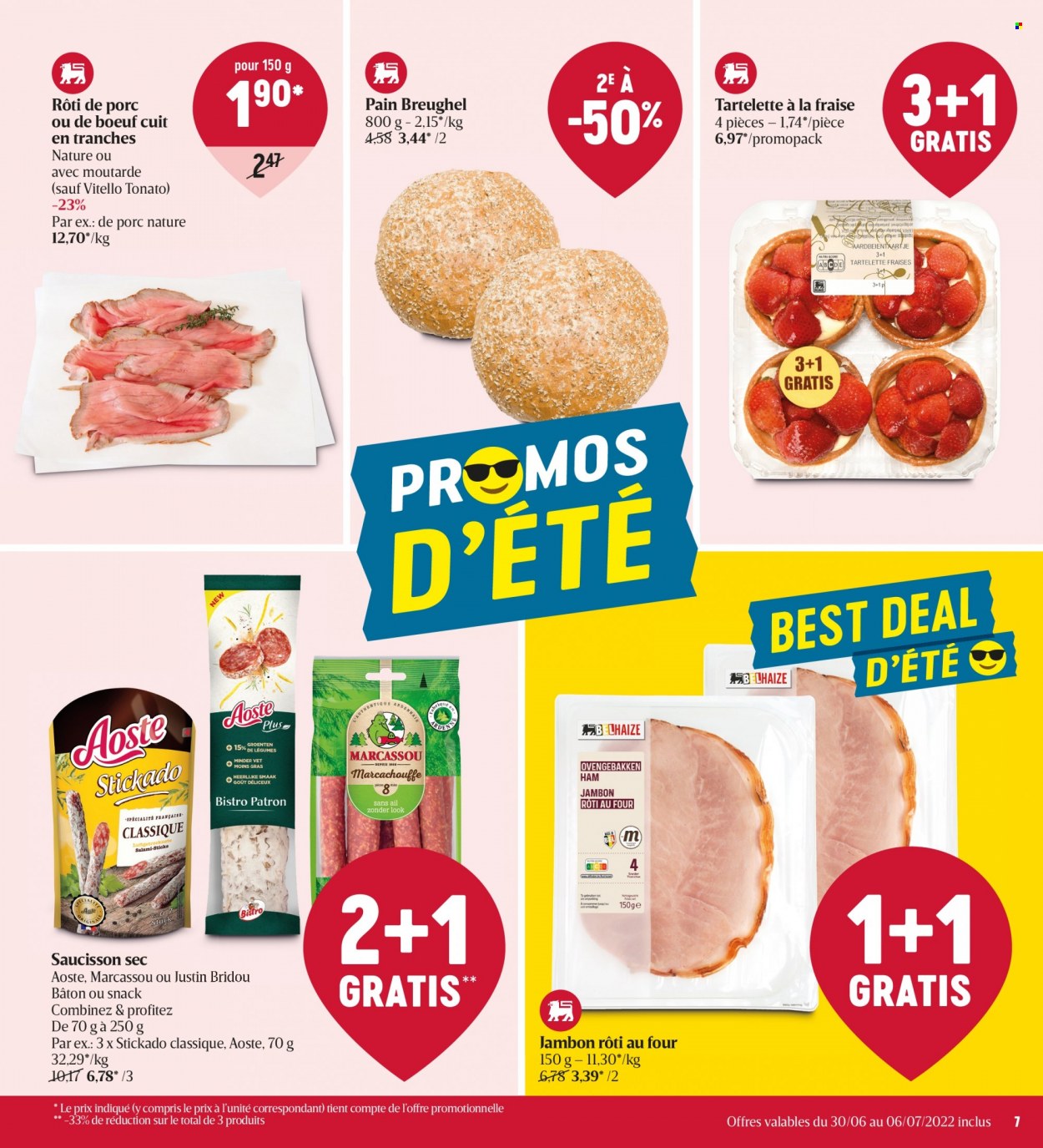 thumbnail - Catalogue Delhaize - 30/06/2022 - 06/07/2022 - Produits soldés - rôti de porc, viande de porc, ail, fraises, pain, jambon, salami, Aoste, saucisson, moutarde. Page 7.