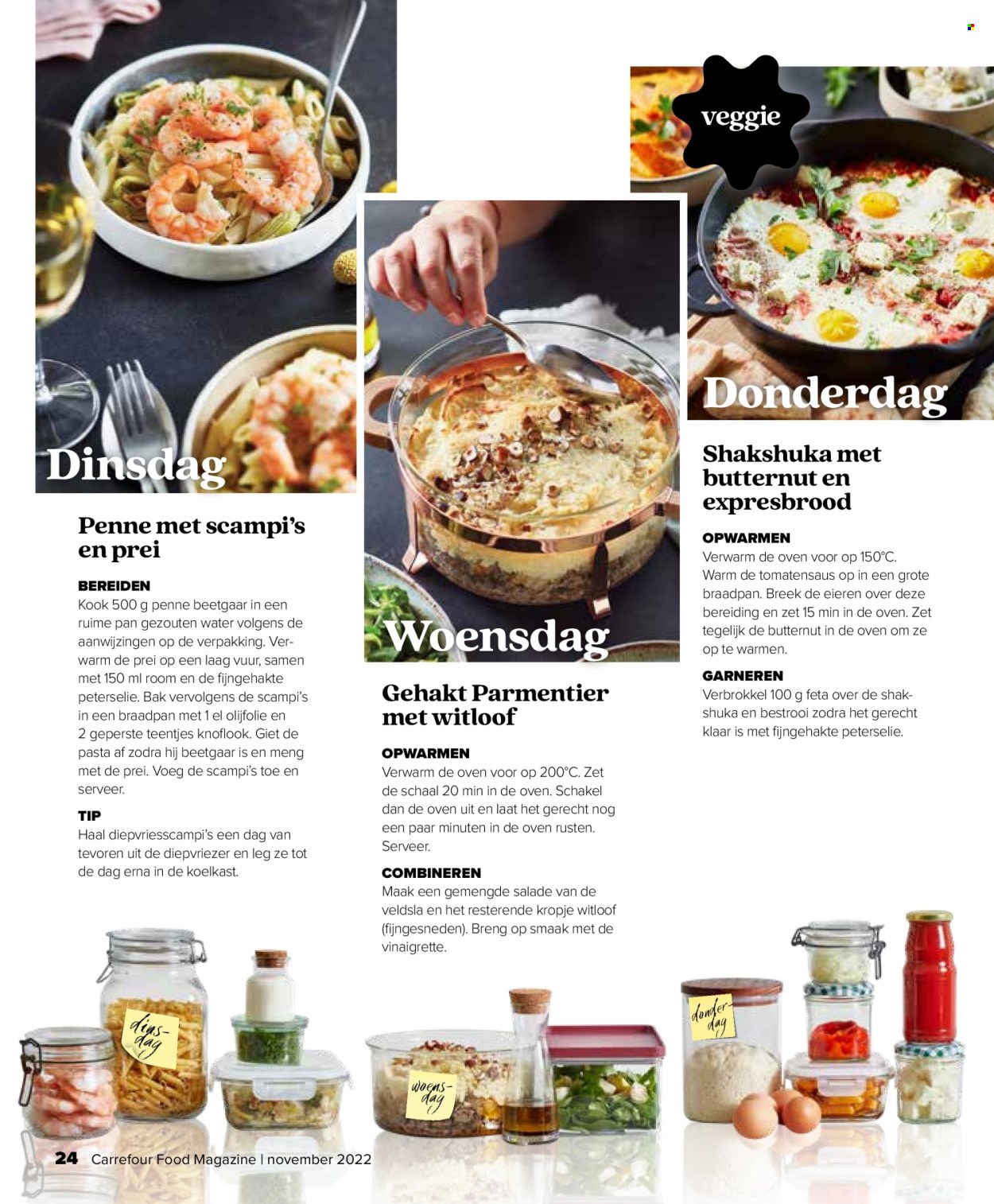 thumbnail - Carrefour-aanbieding - 25/10/2022 - 30/11/2022 -  producten in de aanbieding - veldsla, peterselie, Veggie, Feta, vinaigrette, tomatensaus, pasta, penne, pan, koelkast. Pagina 24.