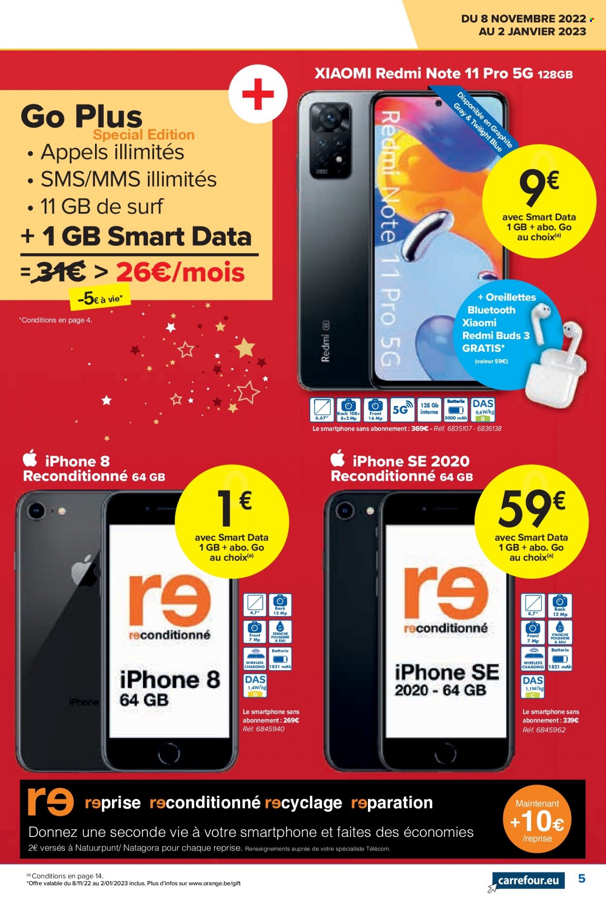thumbnail - Carrefour hypermarkt-aanbieding - 08/11/2022 - 02/01/2023 -  producten in de aanbieding - appels, iPhone 8, smartphone, iPhone, iPhone SE. Pagina 5.