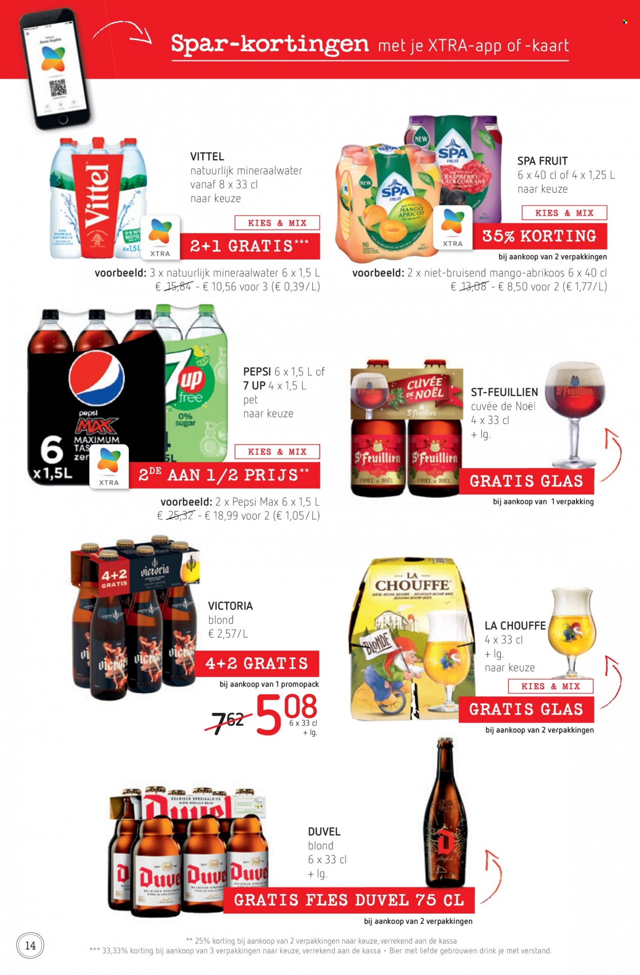 thumbnail - SPAR-aanbieding - 17/11/2022 - 30/11/2022 -  producten in de aanbieding - Duvel, bier, Pepsi, Vittel, mineraalwater, Spa. Pagina 14.
