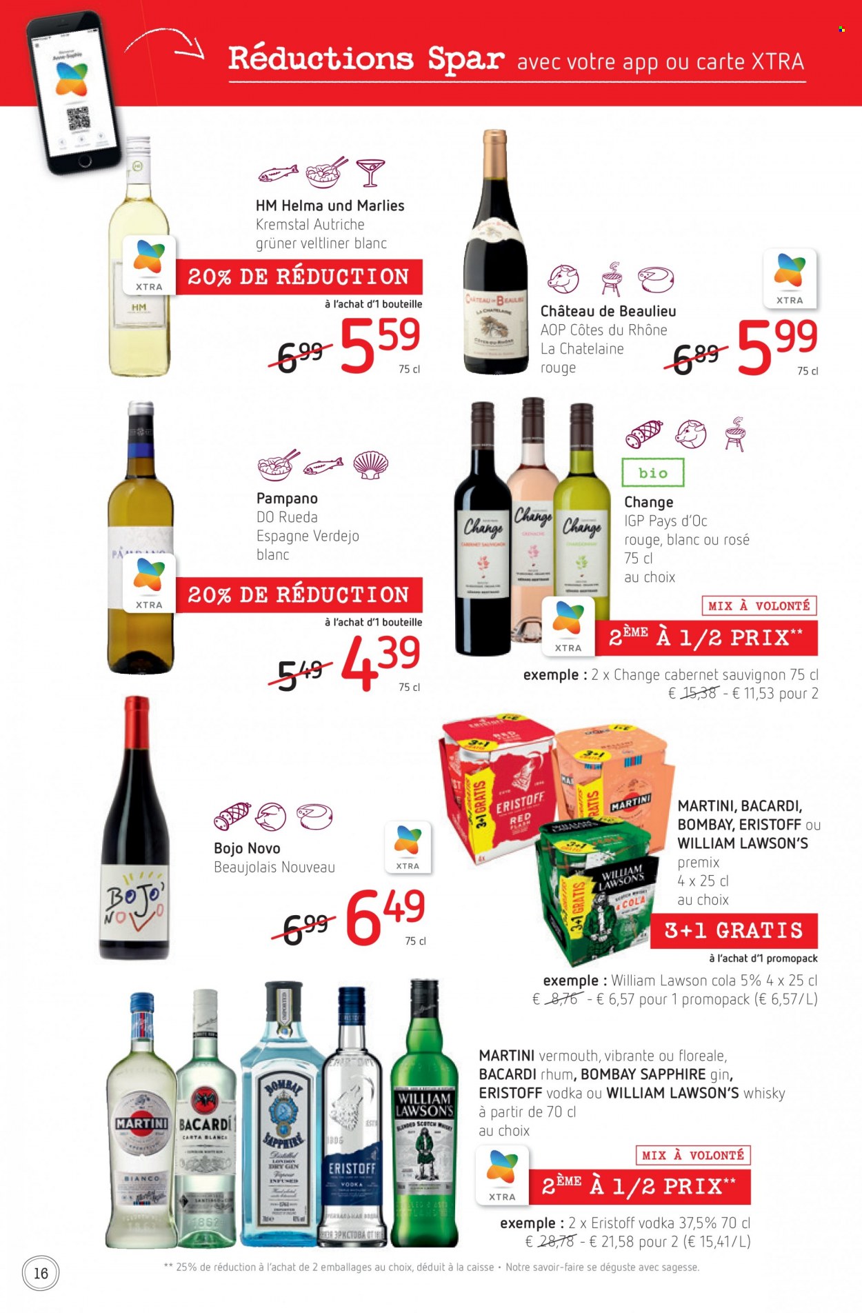 thumbnail - SPAR-aanbieding - 17/11/2022 - 30/11/2022 -  producten in de aanbieding - Cabernet Sauvignon, Beaujolais, Martini, Côtes du Rhône, rum, Vermouth, whisky, William Lawson's. Pagina 16.