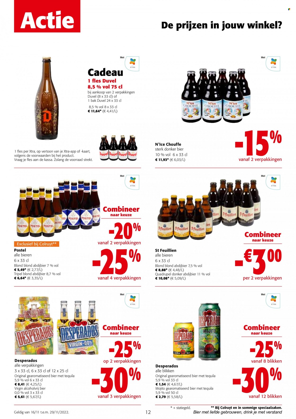 thumbnail - Colruyt-aanbieding - 16/11/2022 - 29/11/2022 -  producten in de aanbieding - donker bier, Duvel, bier, Desperados. Pagina 12.