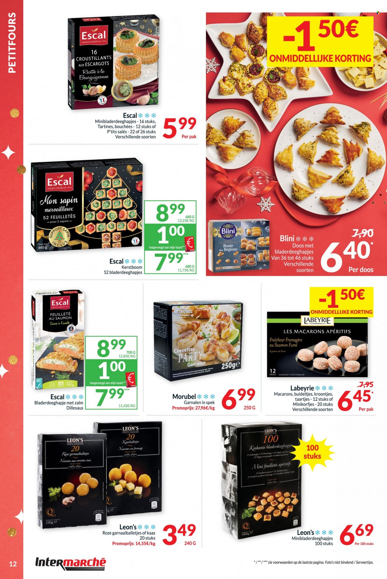 thumbnail - Intermarché-aanbieding - 22/11/2022 - 31/12/2022 -  producten in de aanbieding - eekhoorntjesbrood, Blini’s, petitfours, macarons, garnalen, pizza, kaas, lard, Fa. Pagina 12.