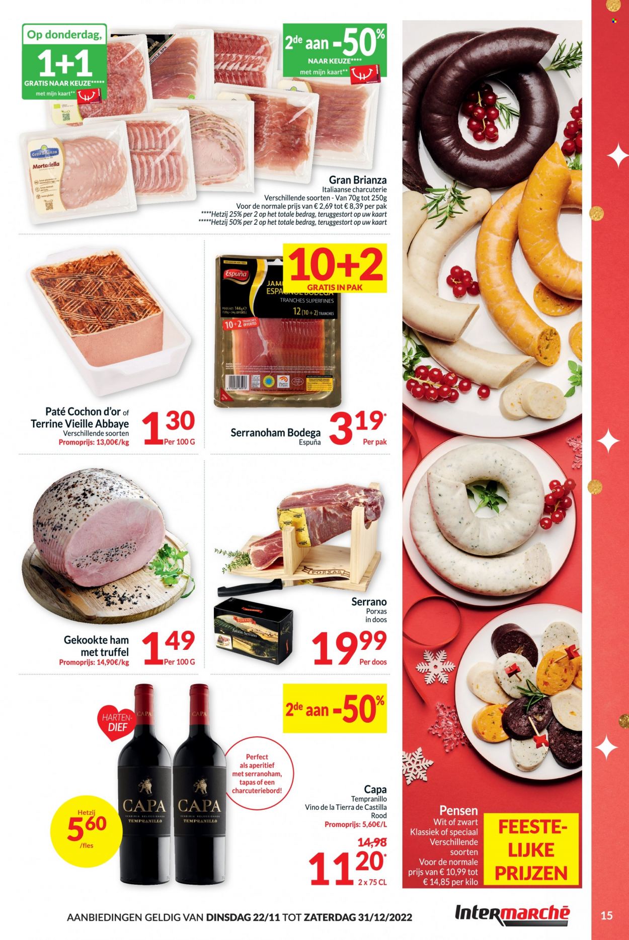 thumbnail - Intermarché-aanbieding - 22/11/2022 - 31/12/2022 -  producten in de aanbieding - truffel, tapas, ham, mortadella, serranoham, paté, mineraalwater, Spa. Pagina 15.