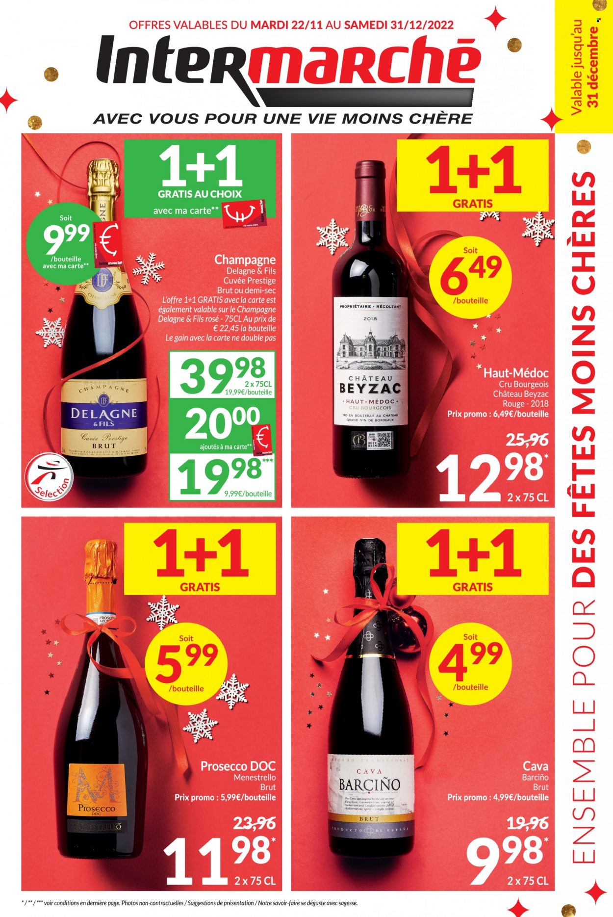 thumbnail - Catalogue Intermarché - 22/11/2022 - 31/12/2022 - Produits soldés - vin rouge, vin, Bordeaux, champagne, alcool, Prosecco. Page 1.