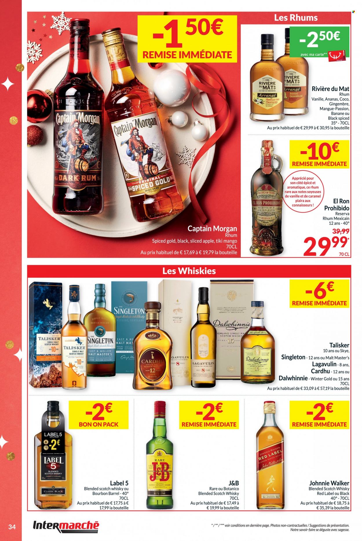 thumbnail - Intermarché-aanbieding - 22/11/2022 - 31/12/2022 -  producten in de aanbieding - mango, ananas, blended scotch whisky, Bourbon, rum, scotch whisky, Single Malt, Captain Morgan, whisky, Johnnie Walker, Talisker, Cardhu. Pagina 34.