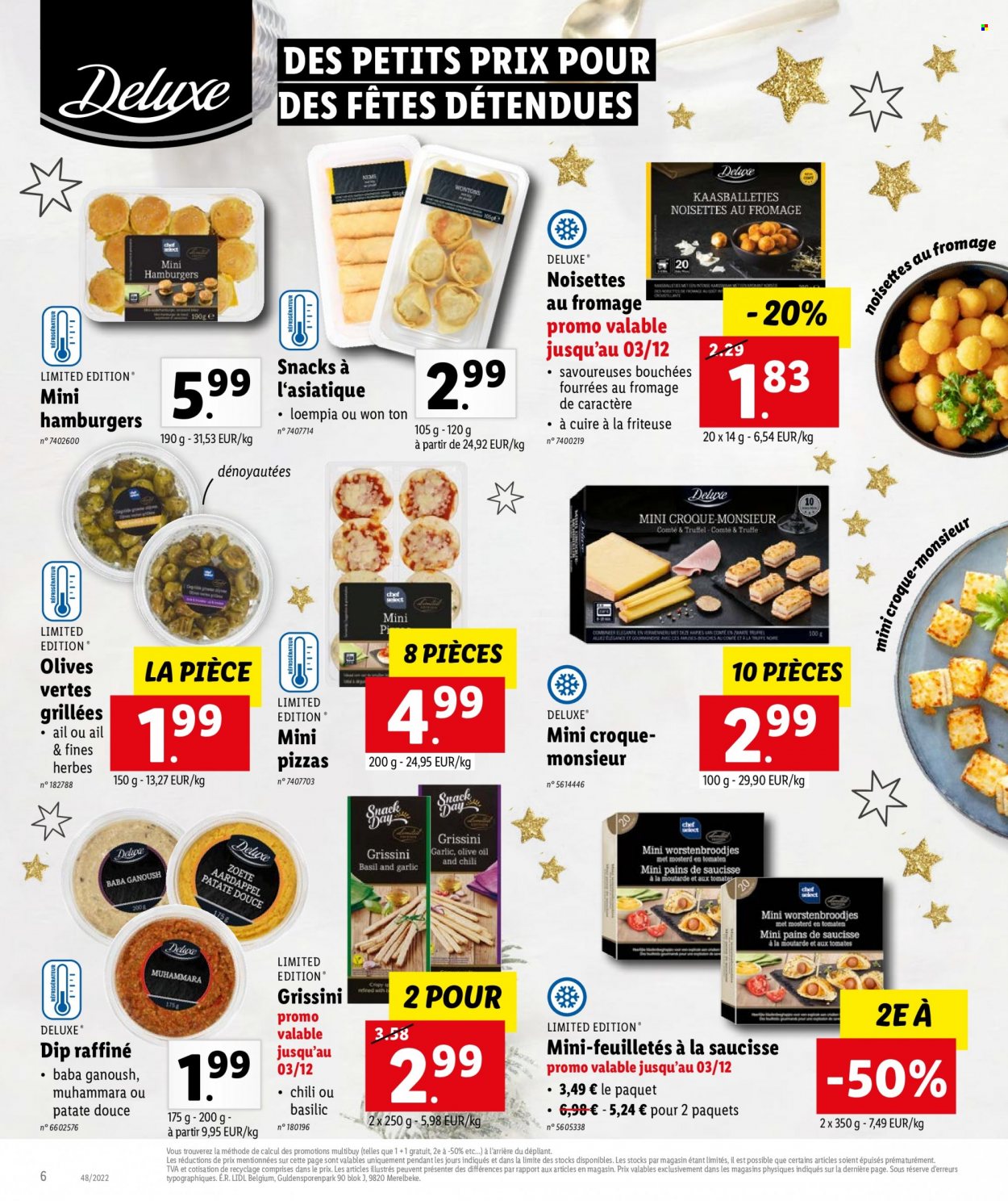 thumbnail - Catalogue Lidl - 28/11/2022 - 03/12/2022 - Produits soldés - bouchées, saucisse, gressins, olives, olives vertes, basilic, noisettes, friteuse, pizza. Page 6.
