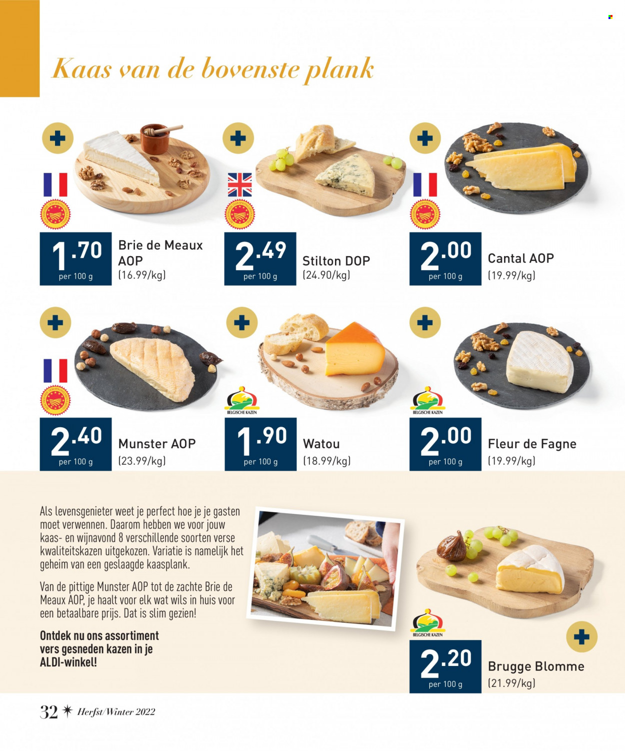 thumbnail - ALDI-aanbieding -  producten in de aanbieding - Munster, kaas, stilton, Fleur de Fagne, Cantal, Brie. Pagina 32.