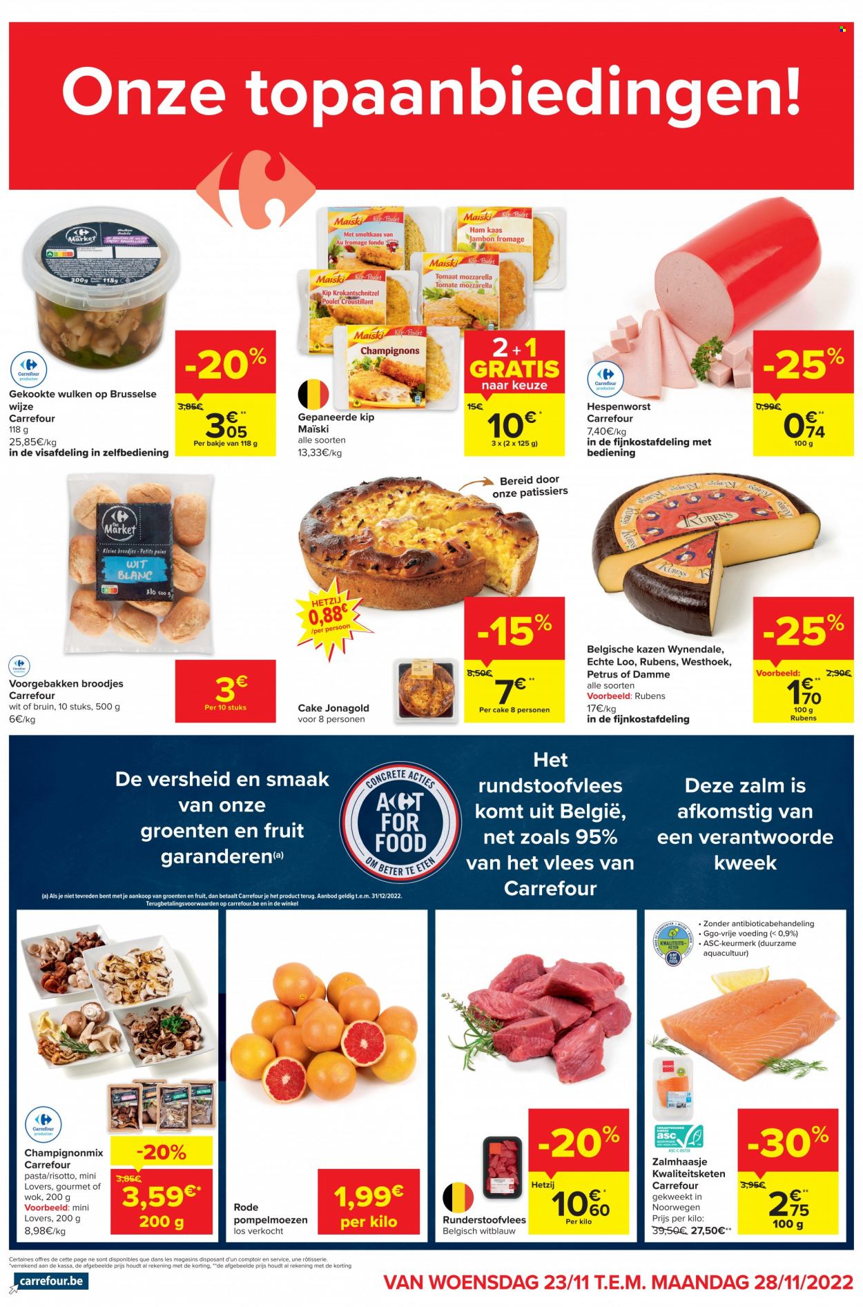 thumbnail - Carrefour-aanbieding - 23/11/2022 - 28/11/2022 -  producten in de aanbieding - broodje, zalm, gepaneerde kip, risotto, pasta. Pagina 1.
