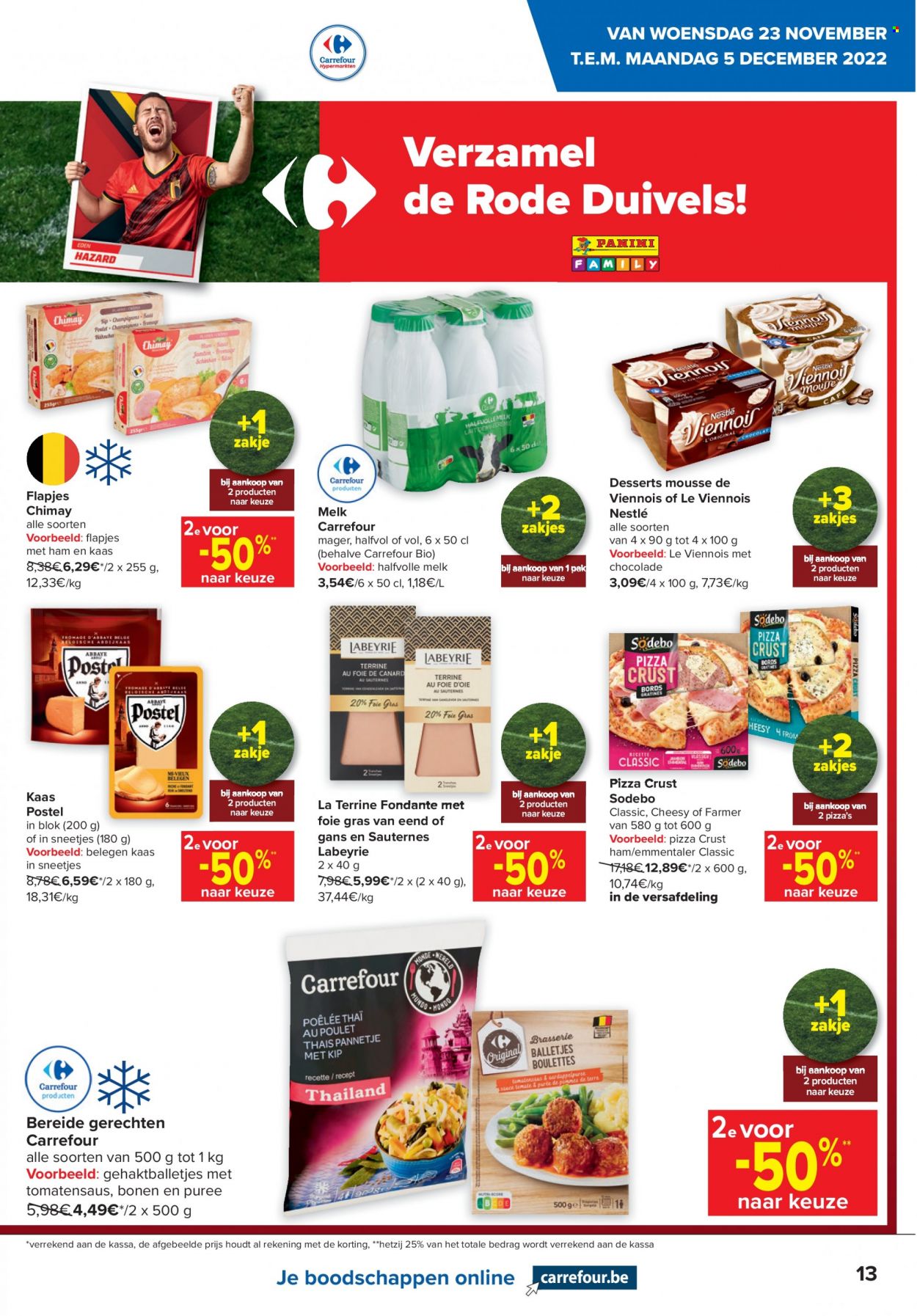 thumbnail - Carrefour hypermarkt-aanbieding - 23/11/2022 - 05/12/2022 -  producten in de aanbieding - gehaktballetjes, pizza, belegen kaas, kaas, melk, Nestlé, Sauternes. Pagina 13.