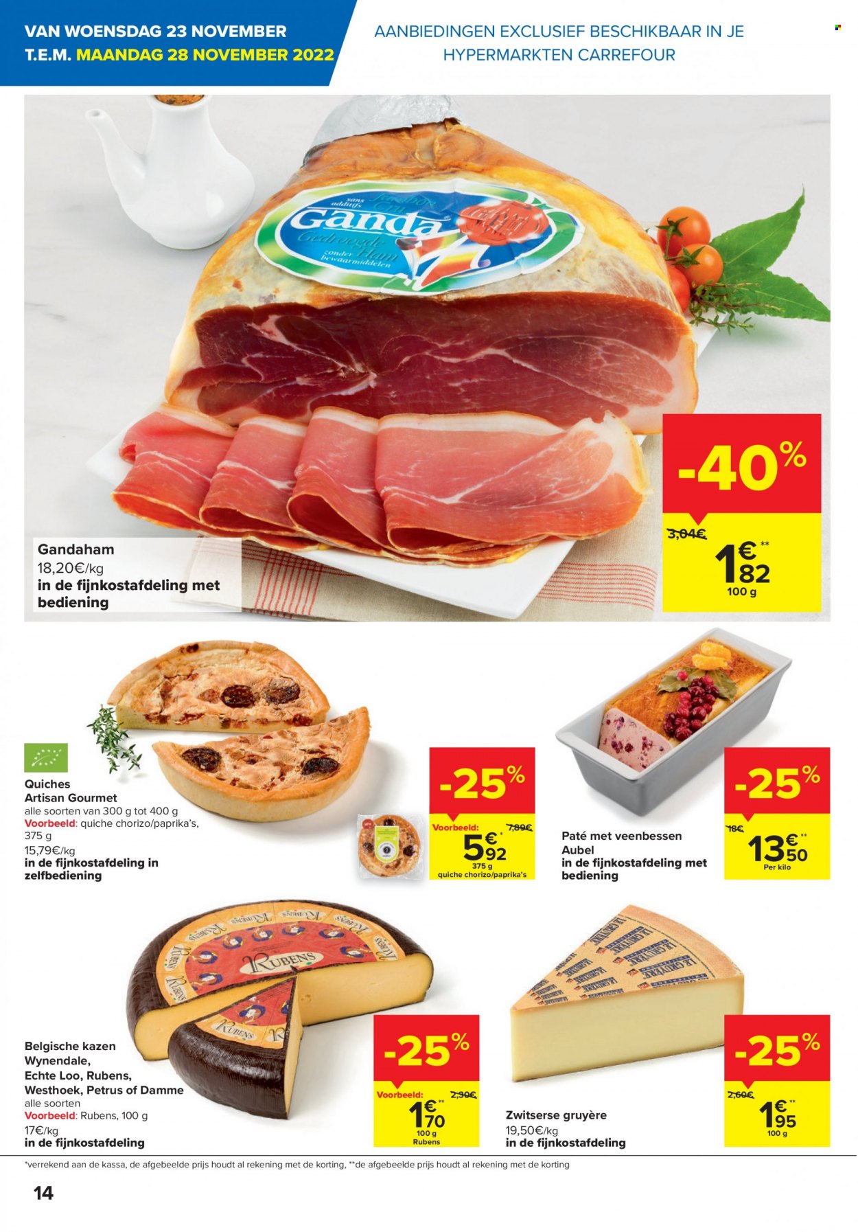thumbnail - Carrefour hypermarkt-aanbieding - 23/11/2022 - 05/12/2022 -  producten in de aanbieding - chorizo, paté, Gruyère. Pagina 14.