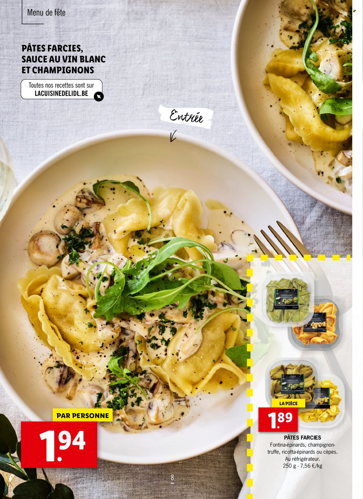 thumbnail - Lidl-aanbieding -  producten in de aanbieding - champignons, tortelloni, Fontina, ricotta. Pagina 8.