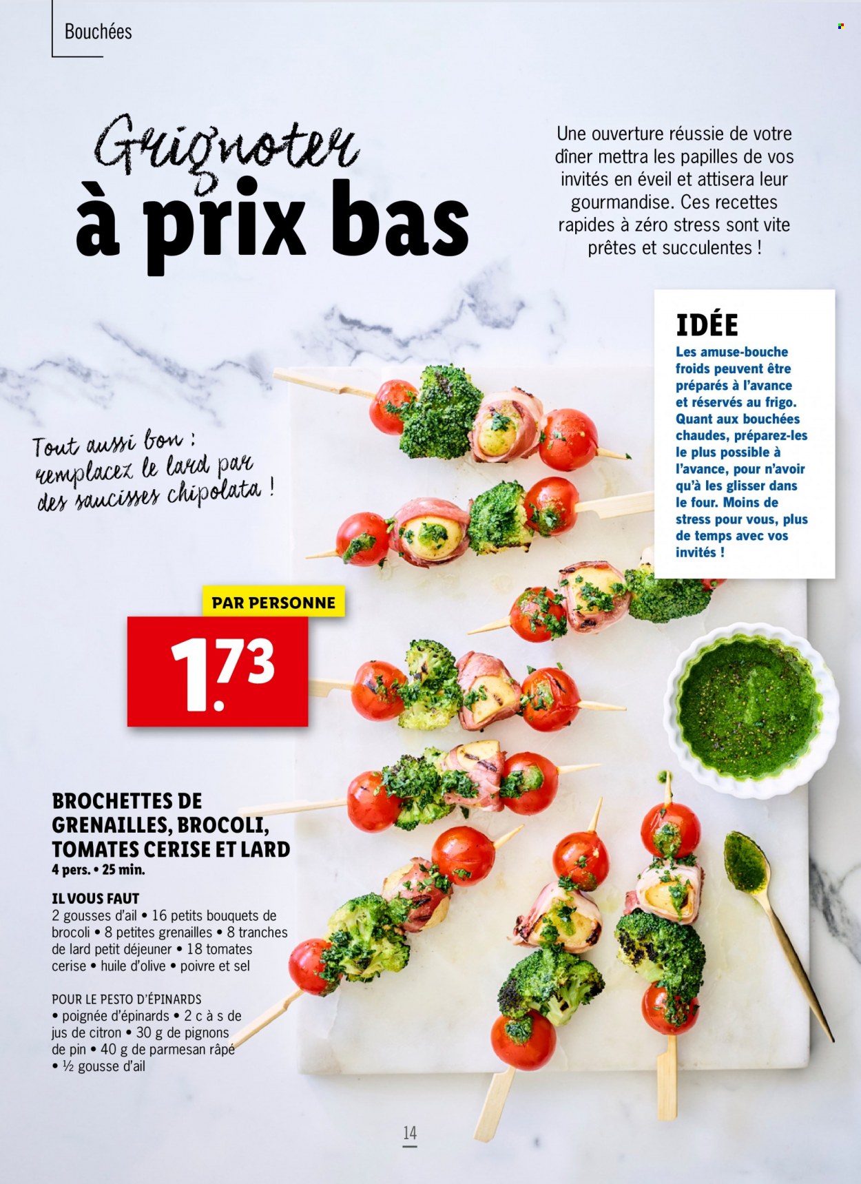 thumbnail - Catalogue Lidl - Produits soldés - brocoli, épinard, bouchées, bacon, huile d'olive, pesto. Page 14.