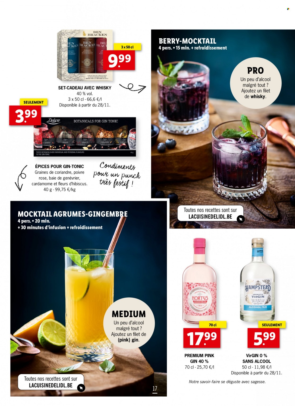thumbnail - Catalogue Lidl - Produits soldés - gingembre, tonic, gin, agrumes, hibiscus, whisky. Page 17.