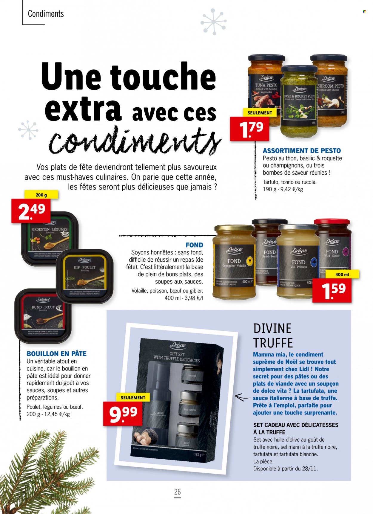 thumbnail - Catalogue Lidl - Produits soldés - sel, bouillon, tartufata, basilic, huile d'olive, pesto. Page 26.