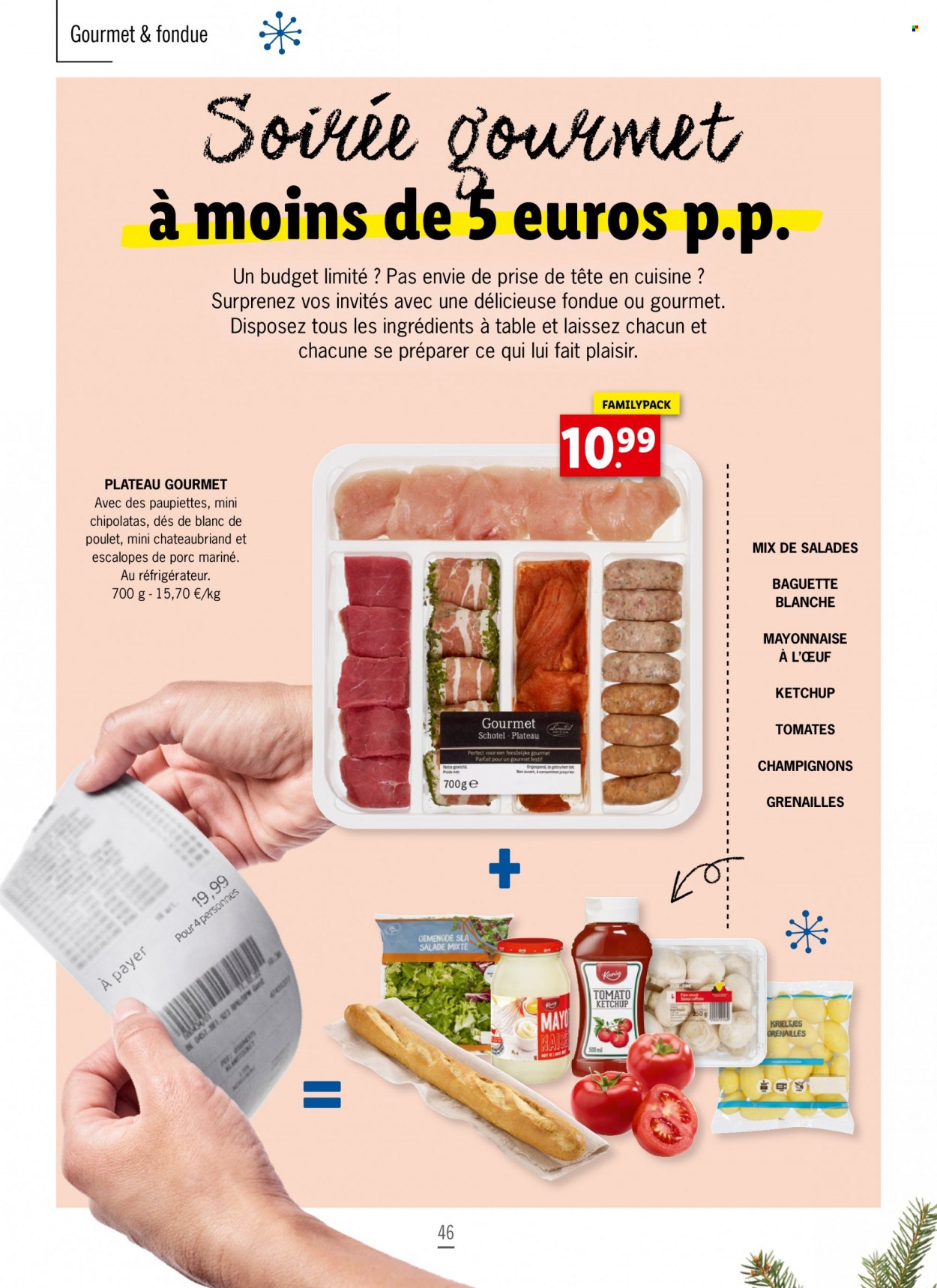 thumbnail - Catalogue Lidl - Produits soldés - escalope, escalope de porc, paupiette, baguette, blanc de poulet, chipolata, mayonnaise, ketchup. Page 46.