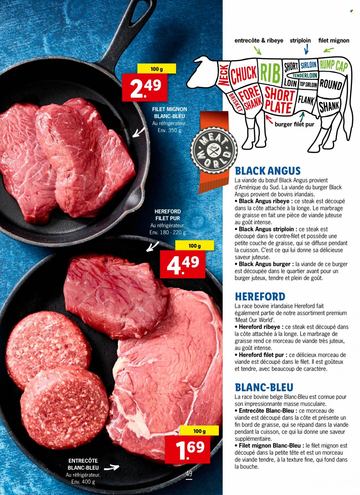 thumbnail - Lidl-aanbieding -  producten in de aanbieding - steak, ribeye, entrecote, rundvlees, angusburgers. Pagina 49.