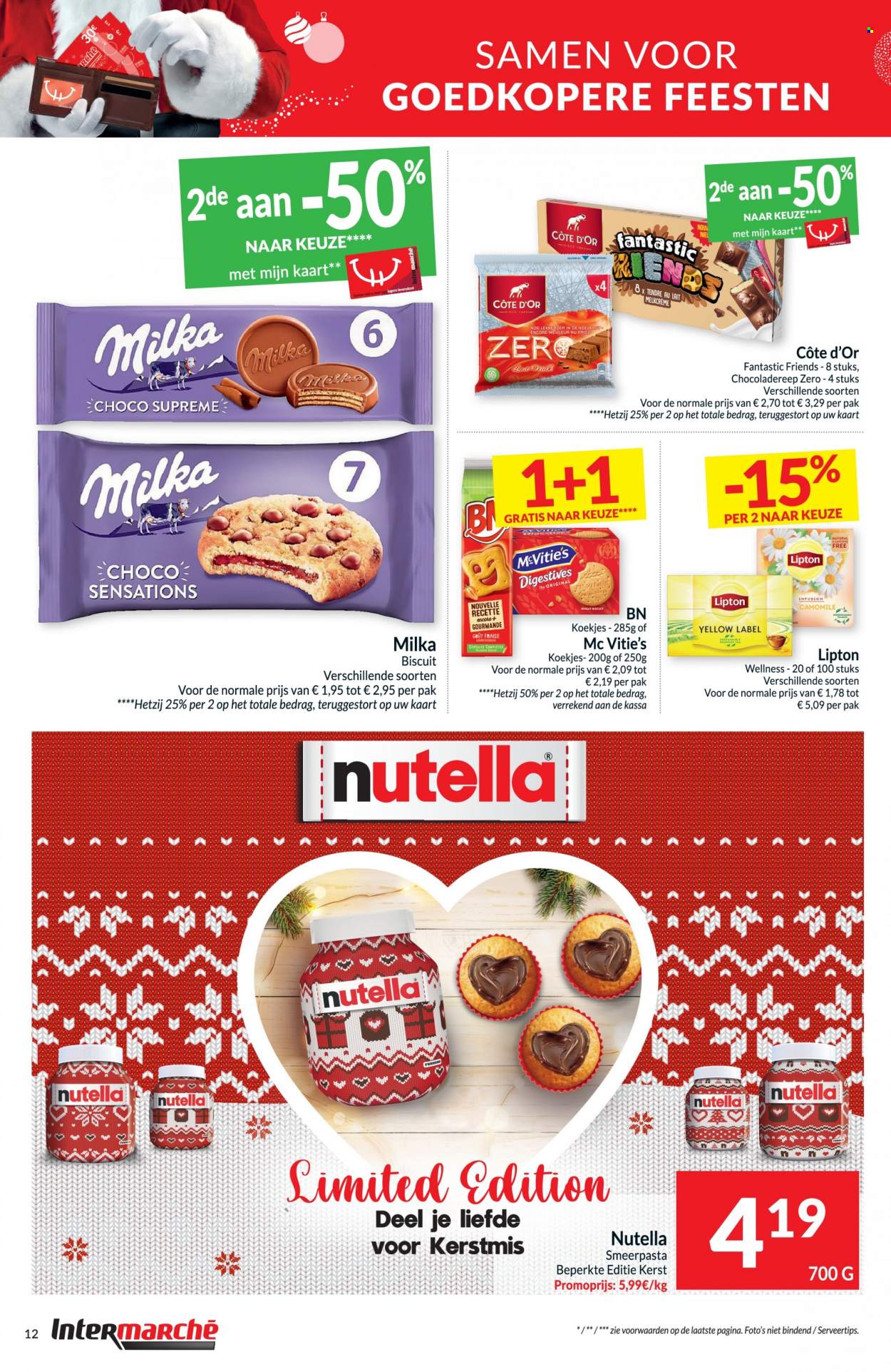 thumbnail - Intermarché-aanbieding - 29/11/2022 - 04/12/2022 -  producten in de aanbieding - Milka, melk, koekjes, Nutella, Lipton, thee. Pagina 12.