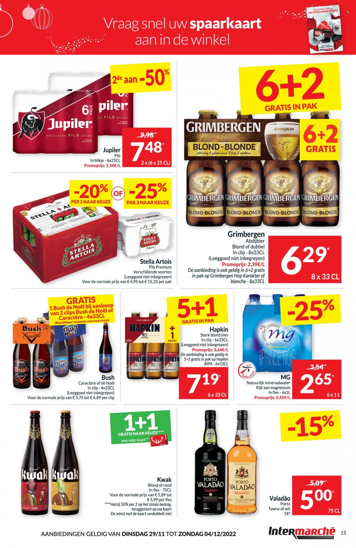 thumbnail - Intermarché-aanbieding - 29/11/2022 - 04/12/2022 -  producten in de aanbieding - Stella Artois, Jupiler, bier, mineraalwater, porto, magnesium. Pagina 15.