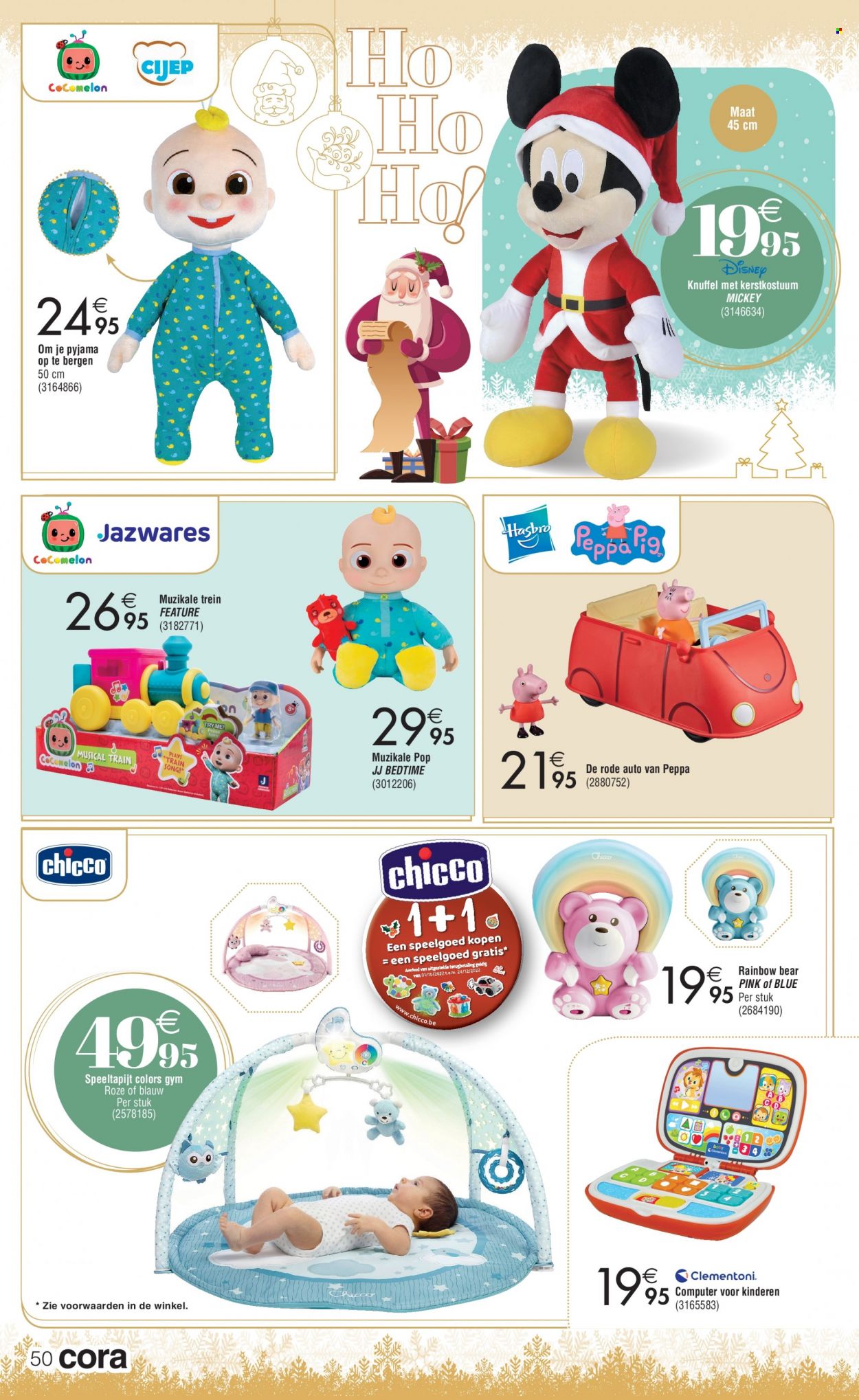 thumbnail - Cora-aanbieding - 25/11/2022 - 24/12/2022 -  producten in de aanbieding - Disney, Peppa Pig, Chicco, pyjama, Clementoni, Hasbro, knuffel, speelgoed, trein, computer. Pagina 50.