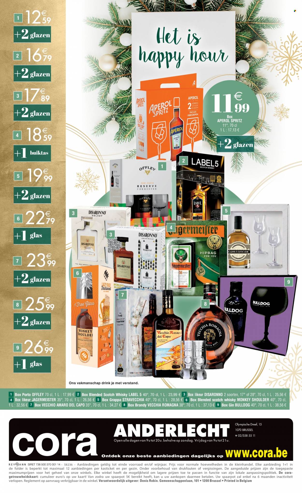 thumbnail - Cora-aanbieding - 25/11/2022 - 24/12/2022 -  producten in de aanbieding - blended scotch whisky, brandy, Jägermeister, scotch whisky, Grappa, Aperol, porto, whisky, gin, Vecchia Romagna, glazen. Pagina 88.