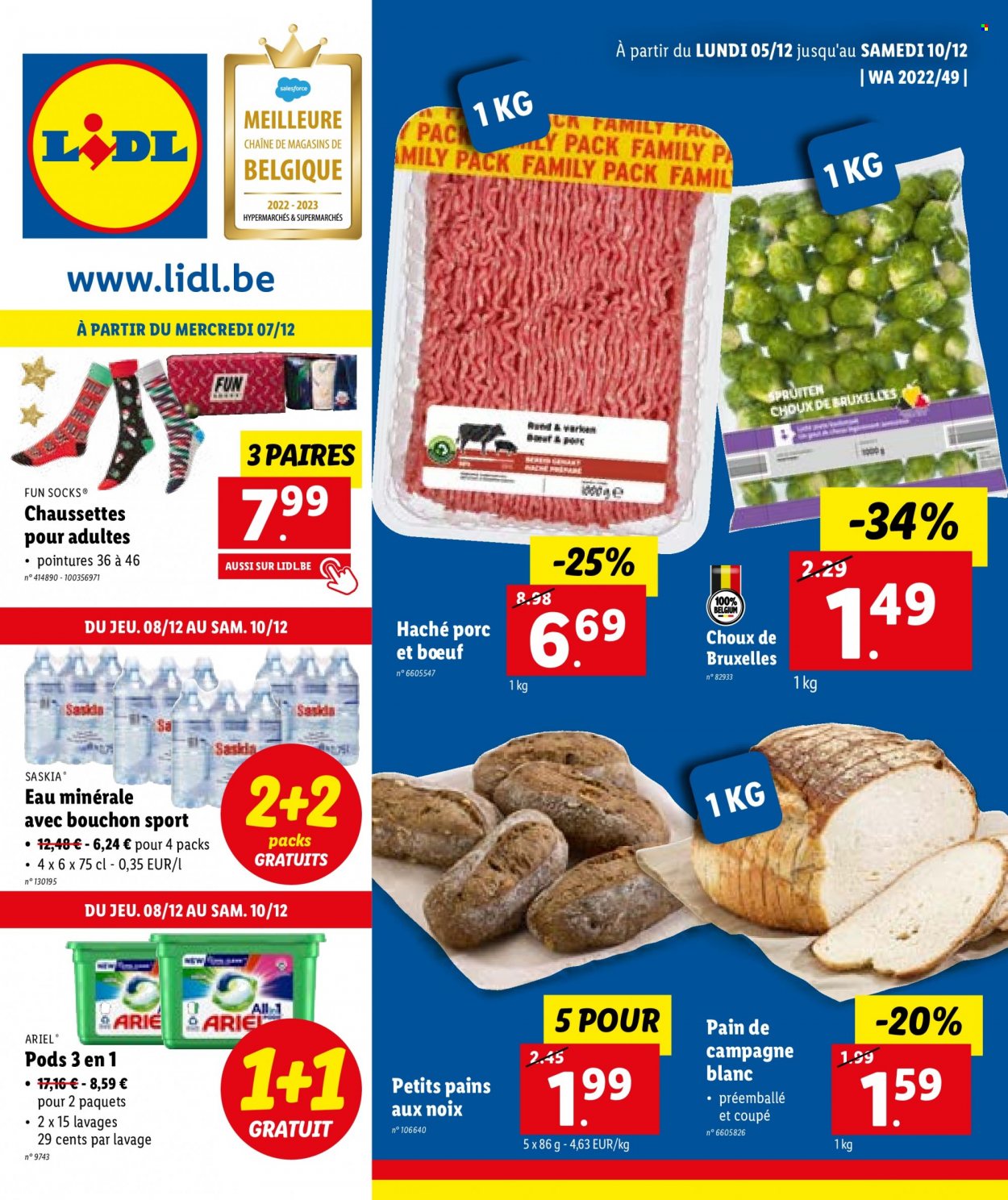 thumbnail - Catalogue Lidl - 05/12/2022 - 10/12/2022 - Produits soldés - choux de bruxelles, pain, eau minérale, tablettes de lavage, chaussettes, Ariel. Page 1.