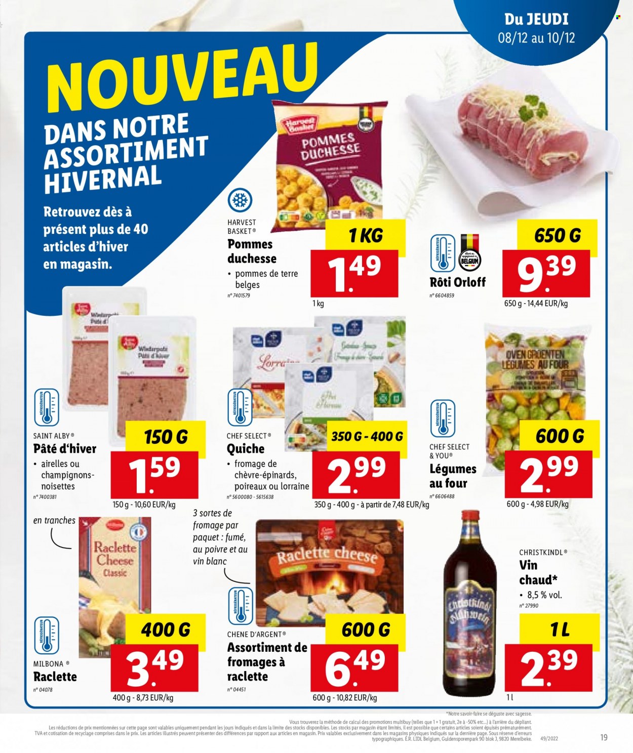 thumbnail - Catalogue Lidl - 05/12/2022 - 10/12/2022 - Produits soldés - poireau, pommes de terre, basket, fromage de chèvre, La Raclette, vin chaud. Page 19.
