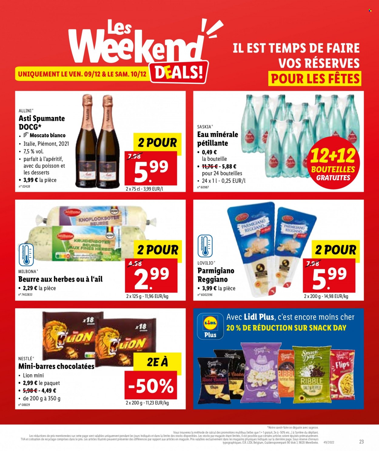 thumbnail - Catalogue Lidl - 05/12/2022 - 10/12/2022 - Produits soldés - parmesan, Nestlé, beurre, Lion, eau minérale. Page 23.