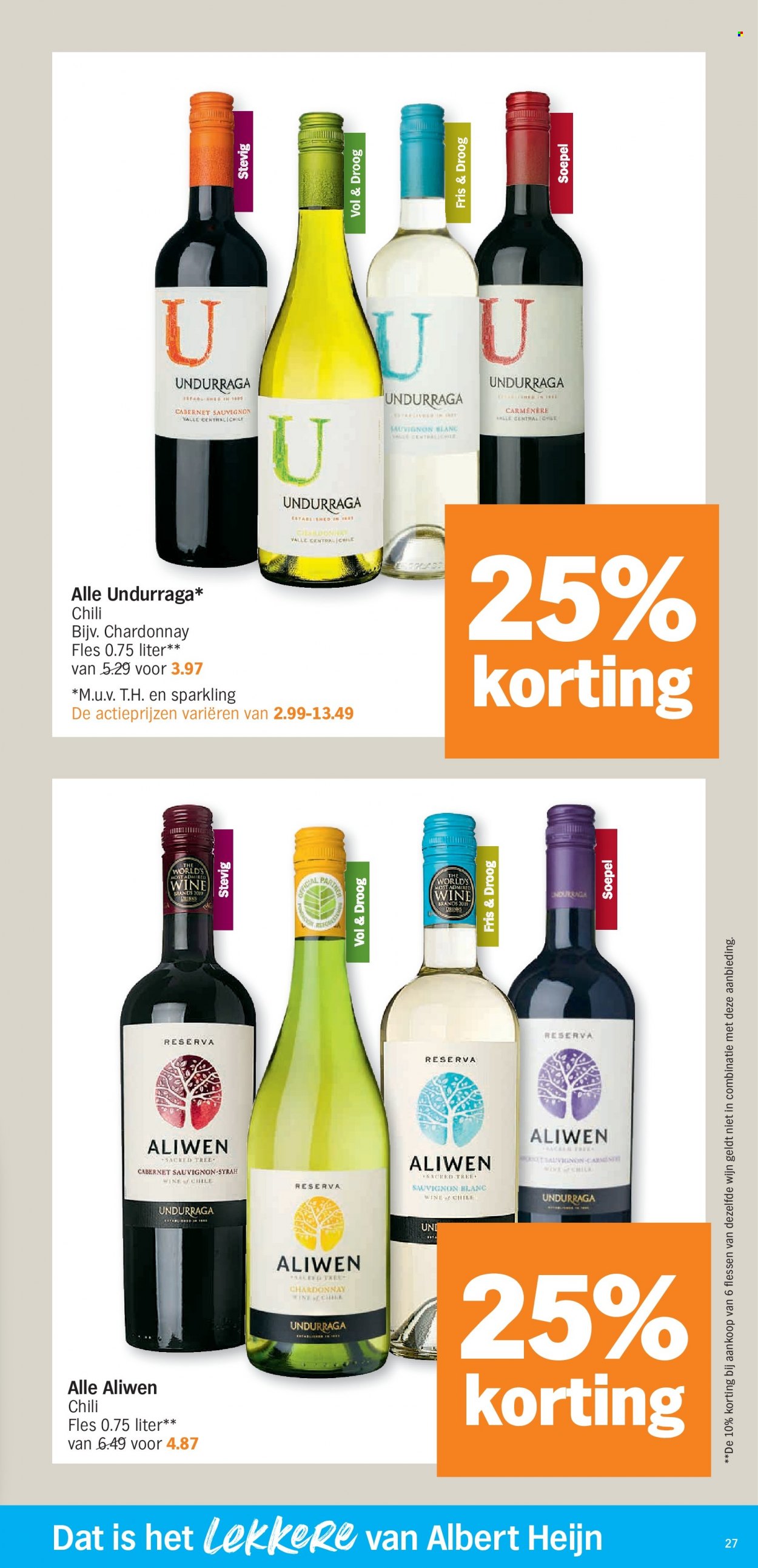 thumbnail - Albert Heijn-aanbieding - 28/11/2022 - 04/12/2022 -  producten in de aanbieding - Cabernet Sauvignon, Chardonnay, wijn, Sauvignon Blanc, Syrah. Pagina 27.