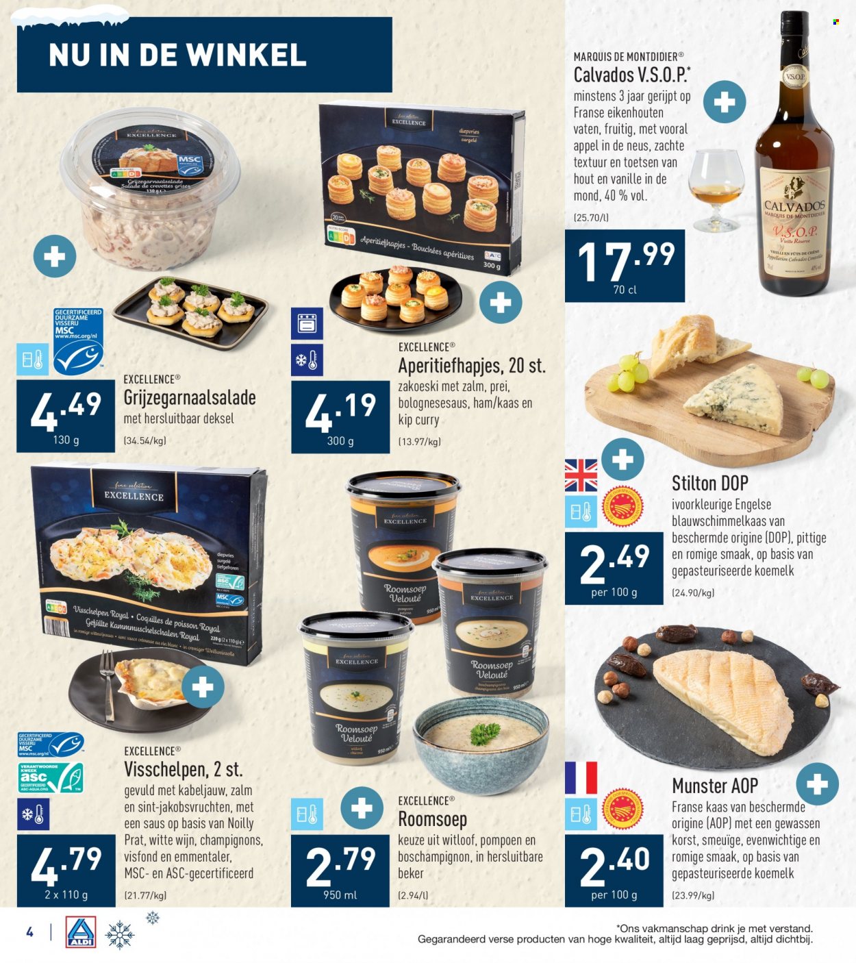 thumbnail - ALDI-aanbieding - 03/12/2022 - 09/12/2022 -  producten in de aanbieding - champignons, prei, kabeljauw, ham, aperitiefhapjes, Munster, kaas, stilton, curry, witte wijn, Calvados. Pagina 4.