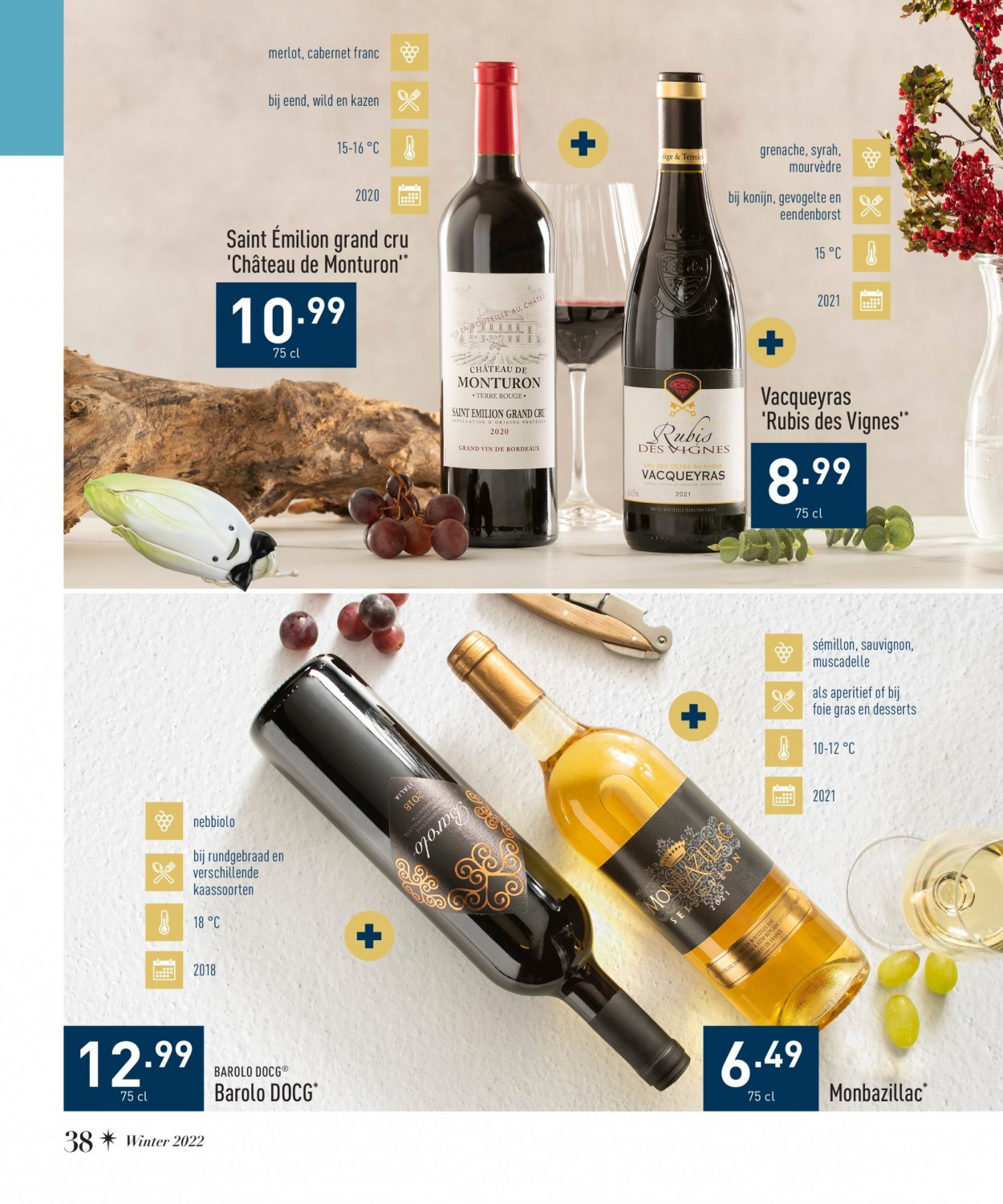 thumbnail - ALDI-aanbieding -  producten in de aanbieding - konijn, foie gras, Barolo, Merlot, Côtes du Rhône, Bordeaux, Syrah. Pagina 38.