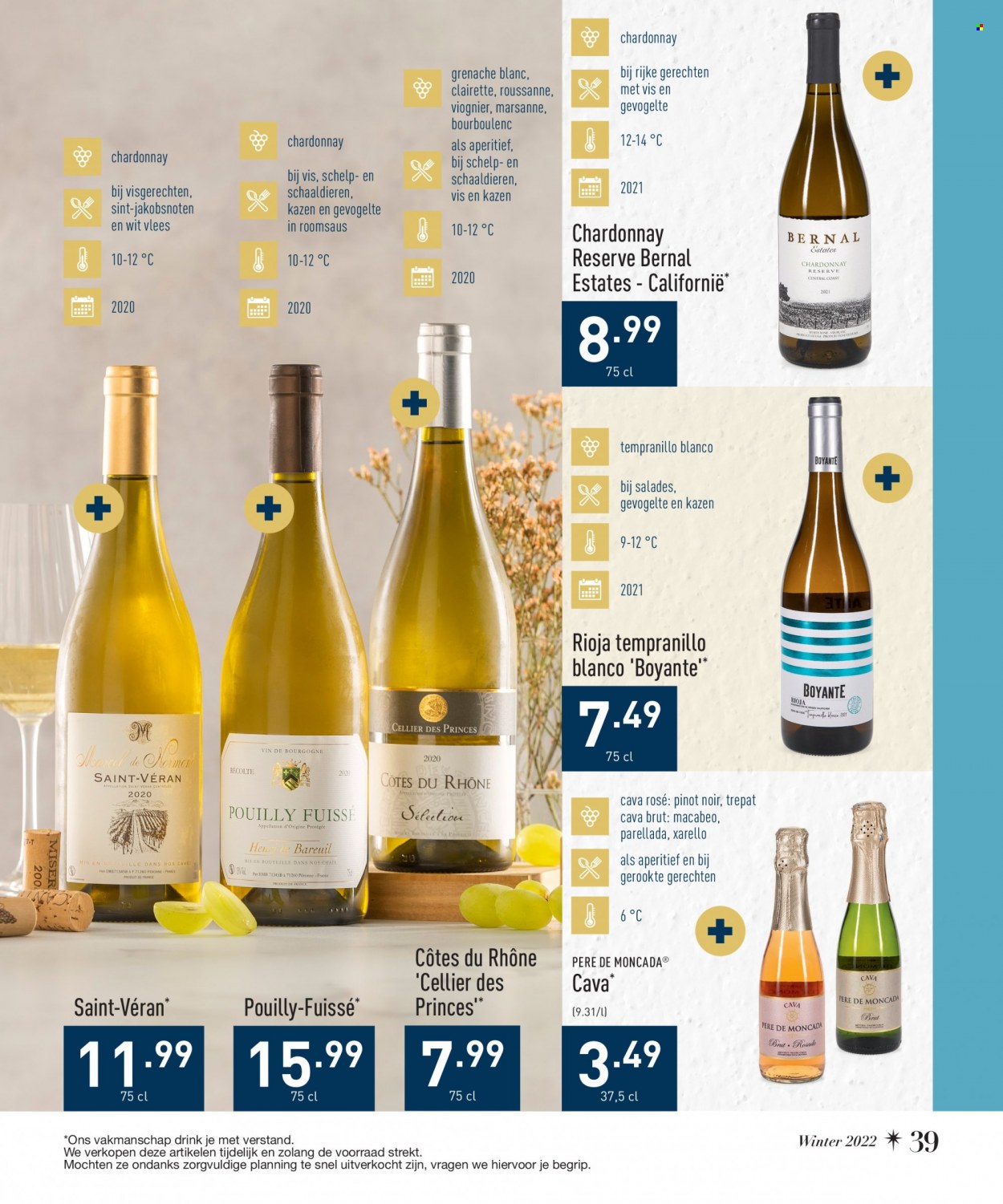 thumbnail - ALDI-aanbieding -  producten in de aanbieding - Cava, Chardonnay, Rioja, Pinot Noir, Côtes du Rhône. Pagina 39.