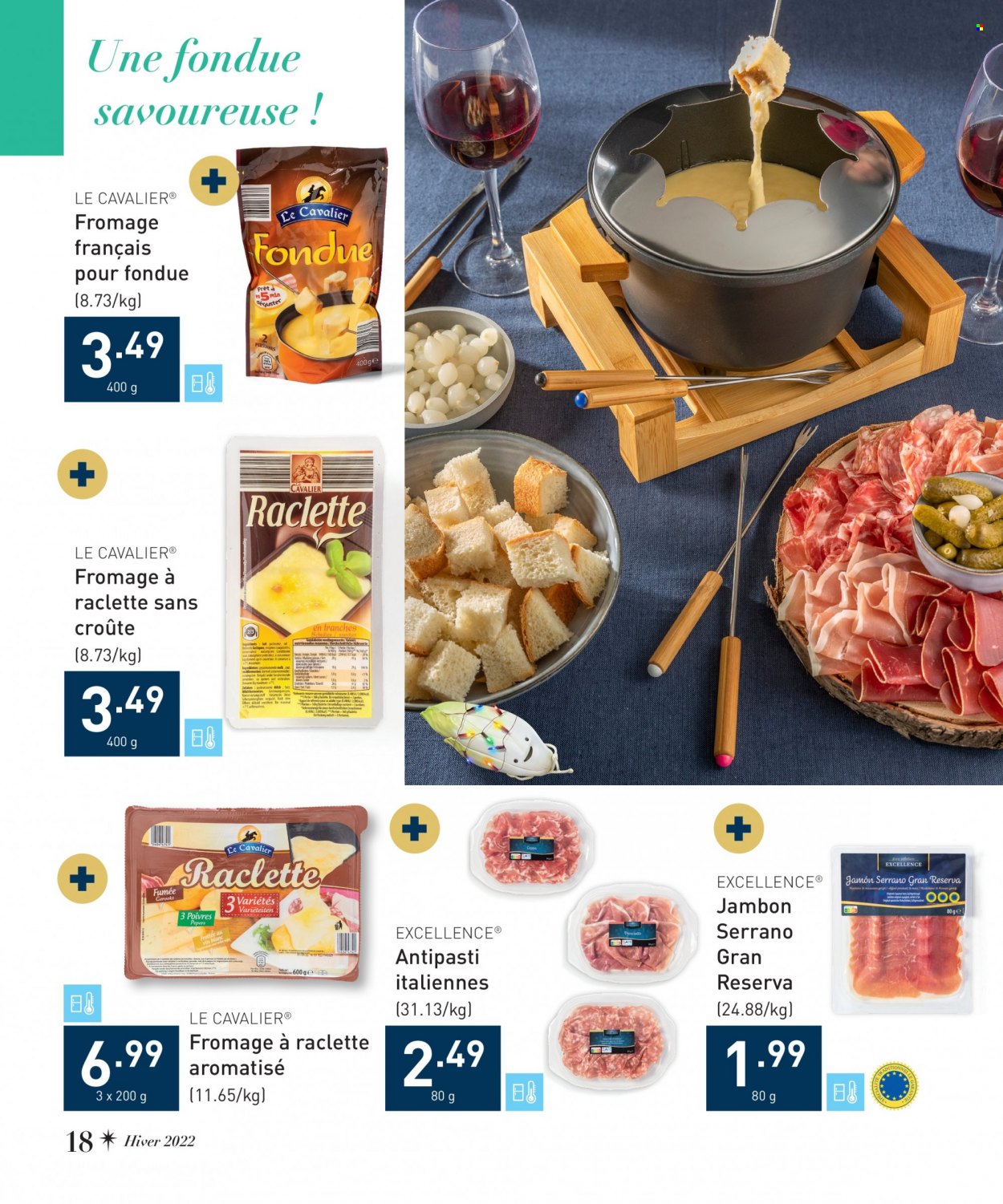thumbnail - ALDI-aanbieding -  producten in de aanbieding - prosciutto, serranoham, antipasti, Raclette. Pagina 18.