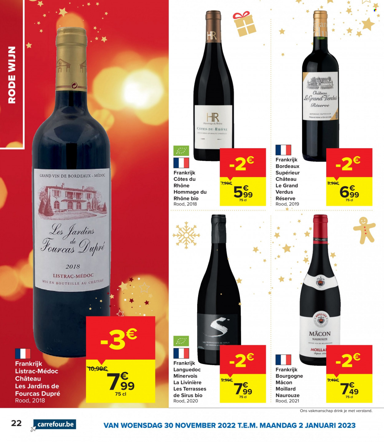 thumbnail - Carrefour-aanbieding - 30/11/2022 - 02/01/2023 -  producten in de aanbieding - rode wijn, wijn, Côtes du Rhône, Bordeaux, Frankrijk. Pagina 22.