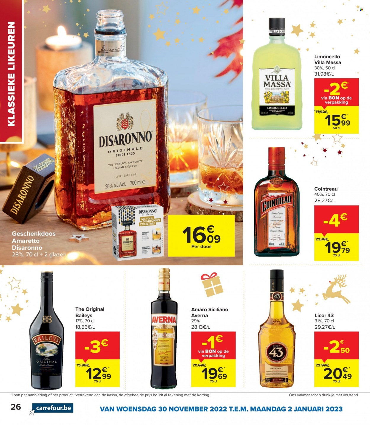 thumbnail - Carrefour-aanbieding - 30/11/2022 - 02/01/2023 -  producten in de aanbieding - Limoncello, Amaretto, Cointreau, liqueur, Baileys, glazen. Pagina 26.