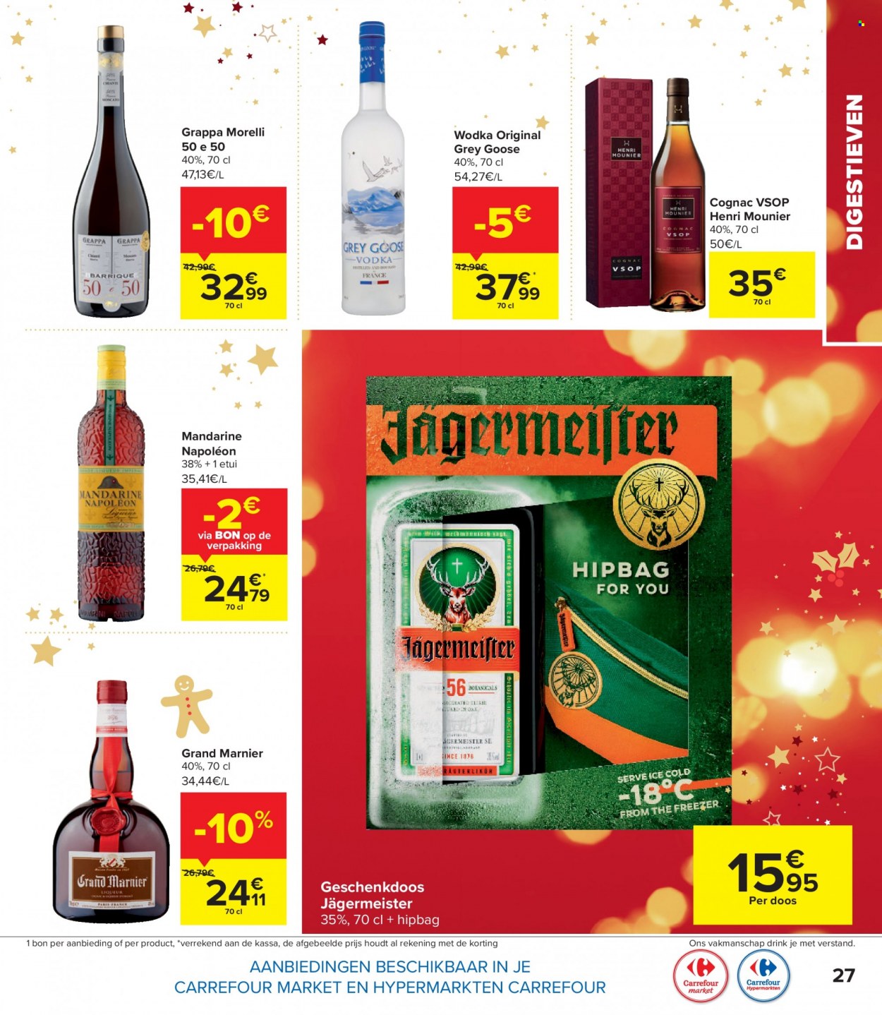 thumbnail - Carrefour-aanbieding - 30/11/2022 - 02/01/2023 -  producten in de aanbieding - Jägermeister, Grappa, cognac, liqueur, vodka, Grand Marnier. Pagina 27.