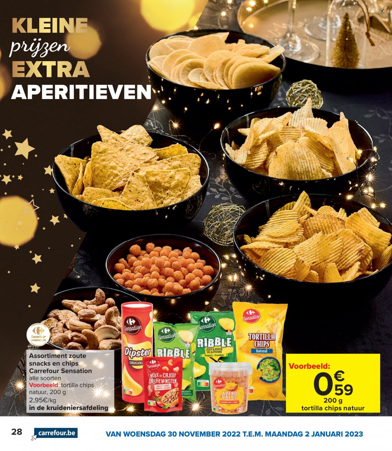 thumbnail - Carrefour-aanbieding - 30/11/2022 - 02/01/2023 -  producten in de aanbieding - tomaten, tortilla chips, chips, BBQ, cashewnoten. Pagina 28.