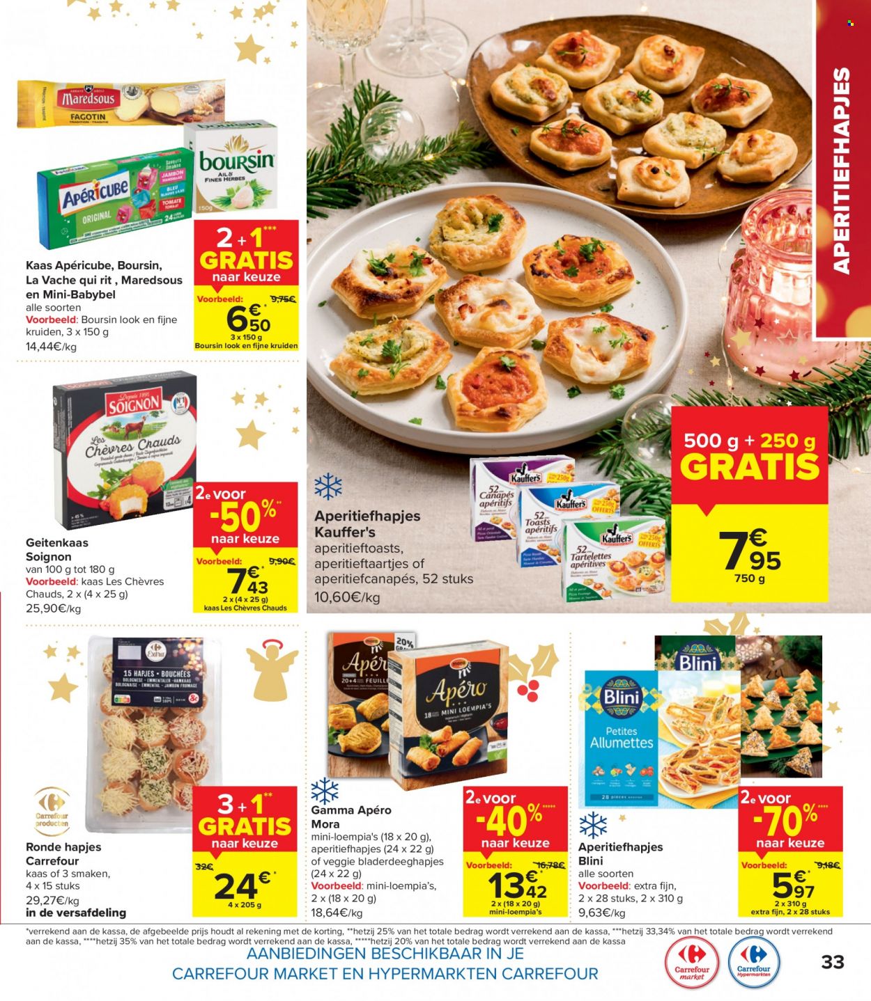 thumbnail - Carrefour-aanbieding - 30/11/2022 - 02/01/2023 -  producten in de aanbieding - Gamma, Blini’s, Veggie, aperitiefhapjes, kaas, La Vache Qui Rit, Babybel, Boursin. Pagina 33.