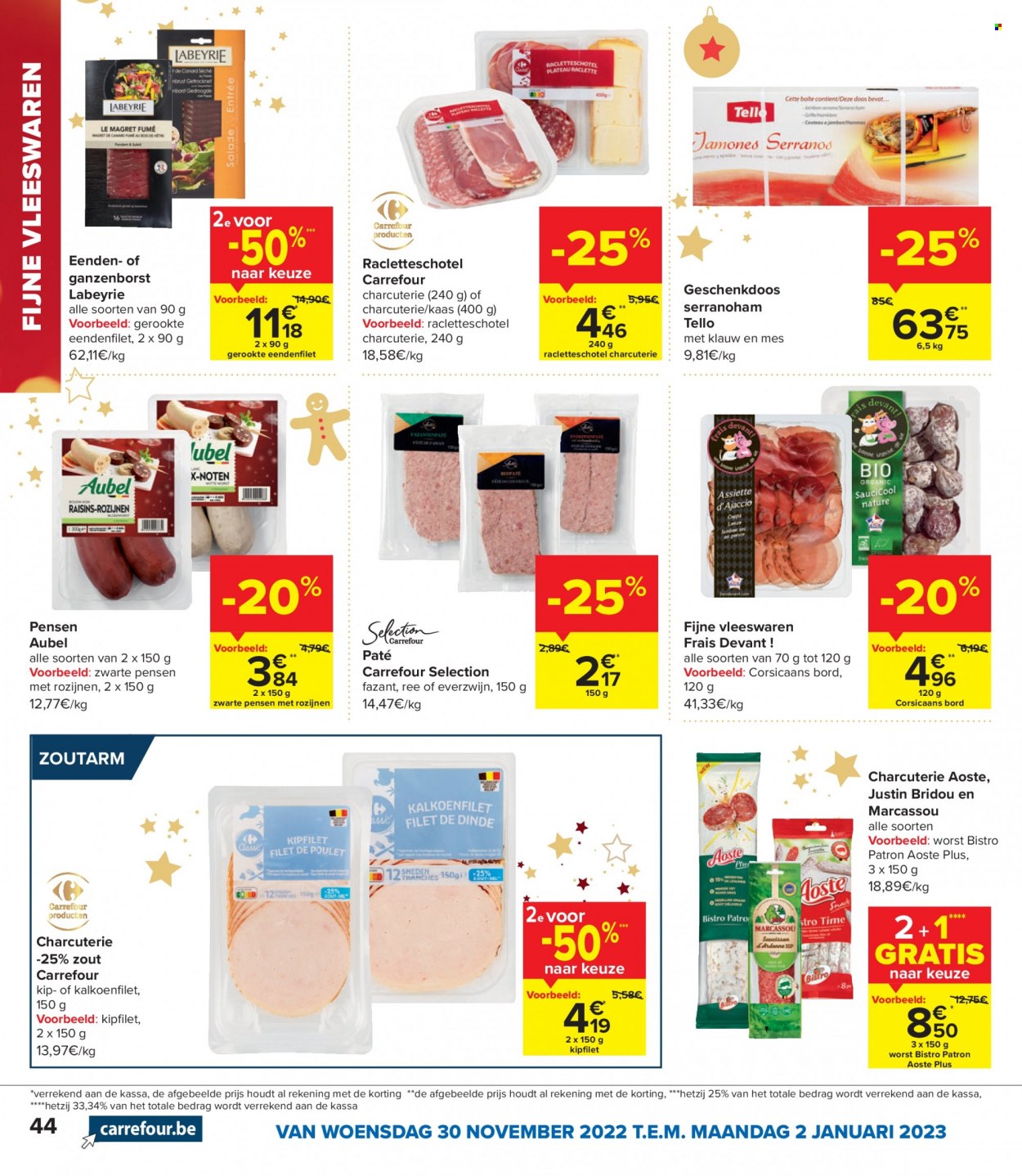 thumbnail - Carrefour-aanbieding - 30/11/2022 - 02/01/2023 -  producten in de aanbieding - kalkoenfilet, kipfilet, fazant, ham, serranoham, paté, kaas, rozijnen, messen. Pagina 44.