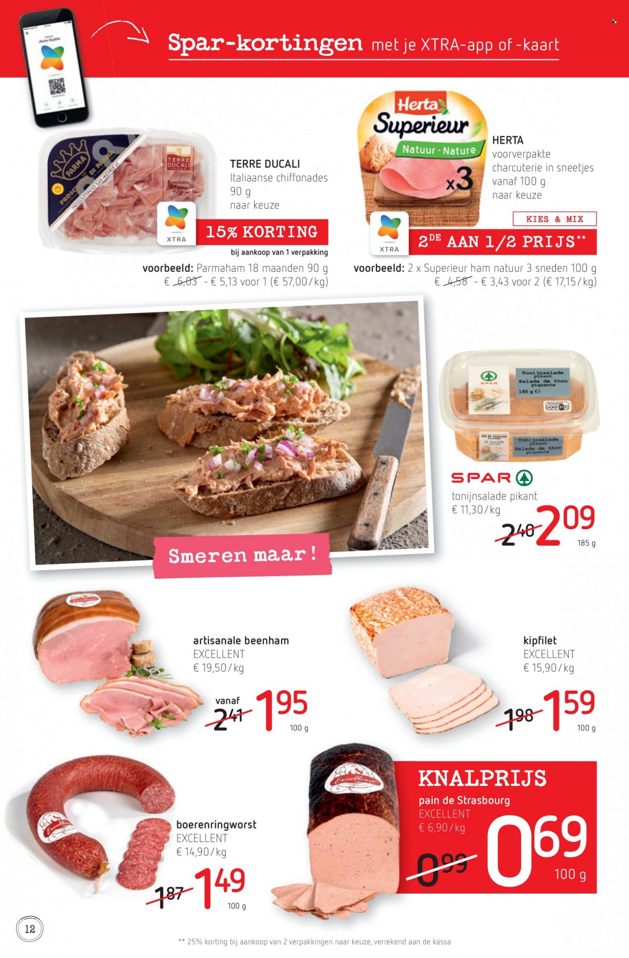 thumbnail - SPAR-aanbieding - 01/12/2022 - 14/12/2022 -  producten in de aanbieding - kipfilet, beenham, ham, parmaham, prosciutto di parma, tonijnsalade. Pagina 12.