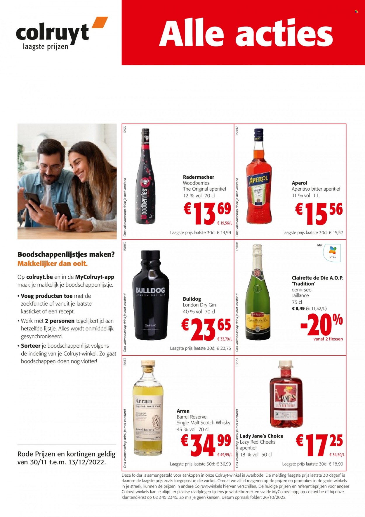 thumbnail - Catalogue Colruyt - 30/11/2022 - 13/12/2022 - Produits soldés - alcool, Bulldog, gin, Aperol, whisky. Page 1.