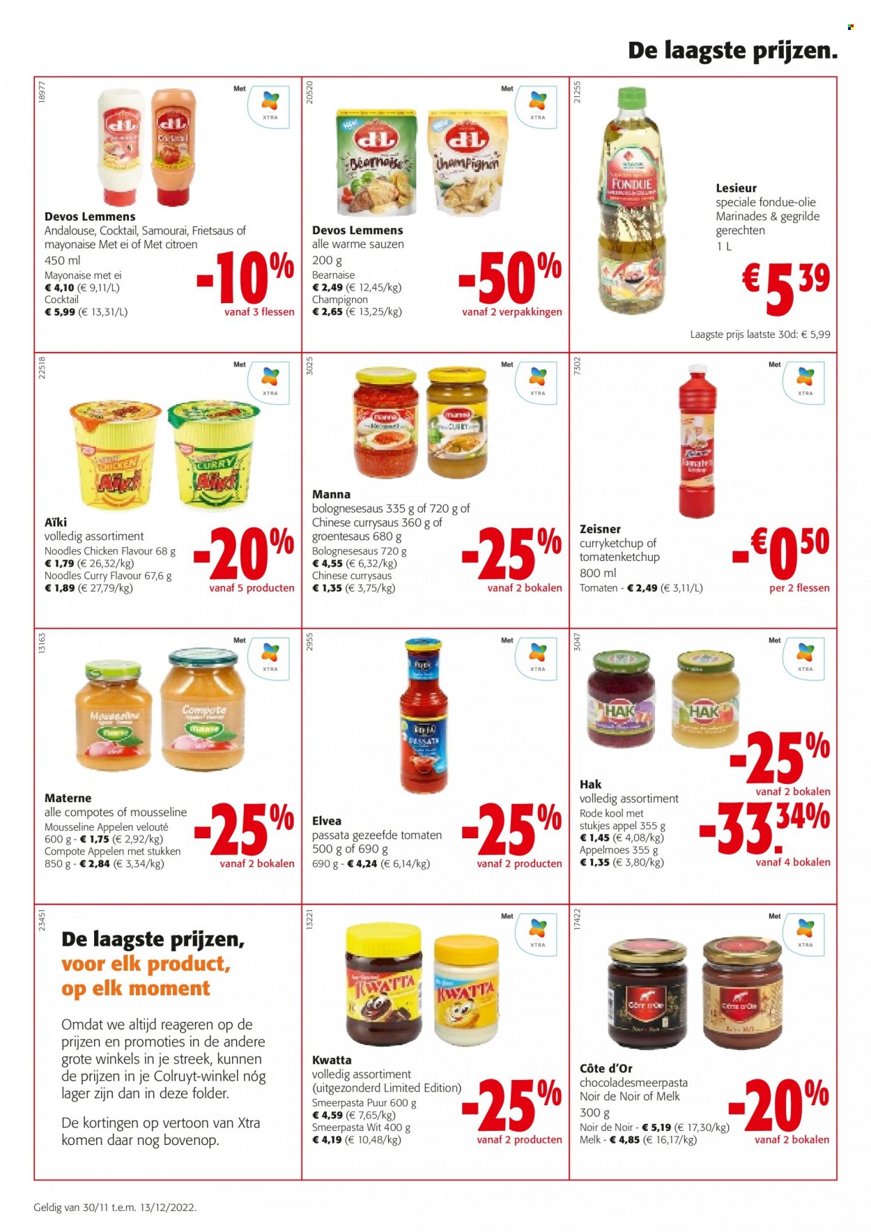 thumbnail - Colruyt-aanbieding - 30/11/2022 - 13/12/2022 -  producten in de aanbieding - rodekool, tomaten, melk, mayonaise, curry, tomatenketchup, gezeefde tomaten. Pagina 12.