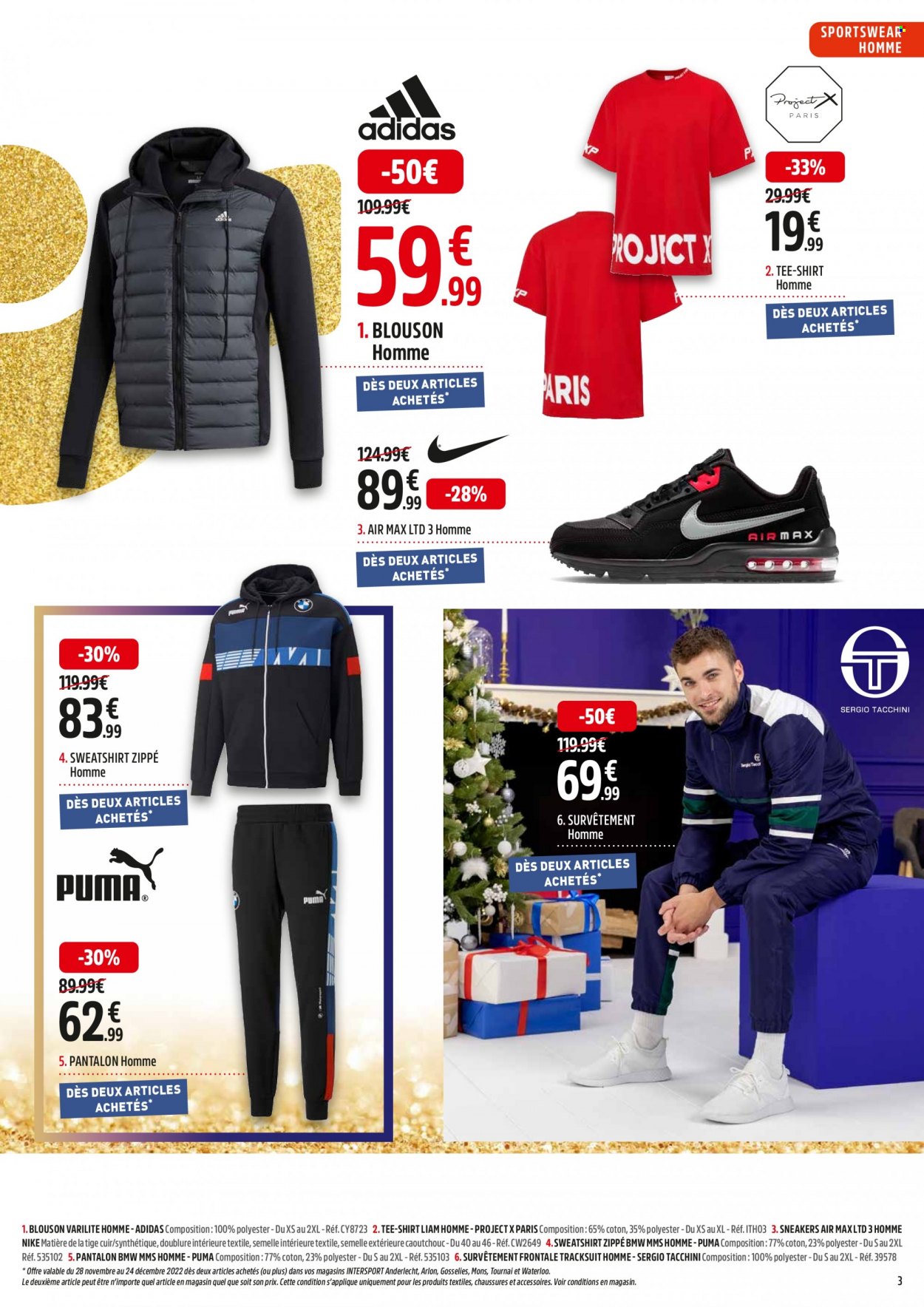 thumbnail - Intersport-aanbieding - 28/11/2022 - 24/12/2022 -  producten in de aanbieding - Nike, Adidas, Puma, Sergio Tacchini, sneakers, pantalon, shirt, sweatshirt. Pagina 3.